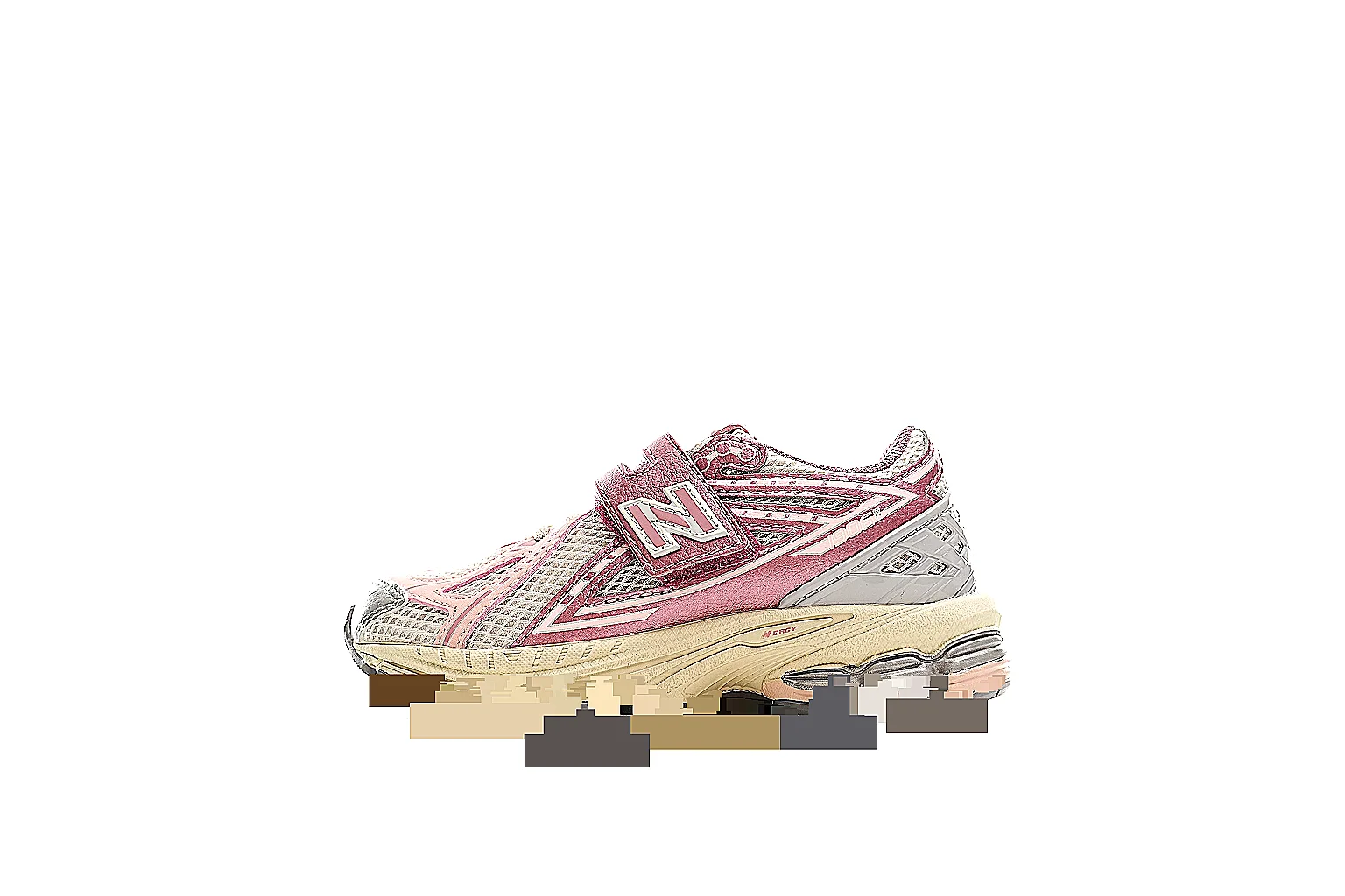 New Balance pink cream runner side profile with strap and N logo thumbnail 2