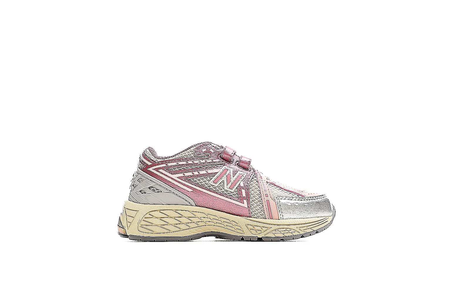 New Balance pink cream runner side profile with strap and N logo