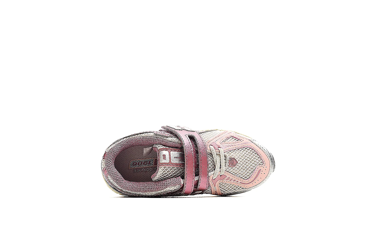 New Balance pink cream runner side profile with strap and N logo thumbnail 3