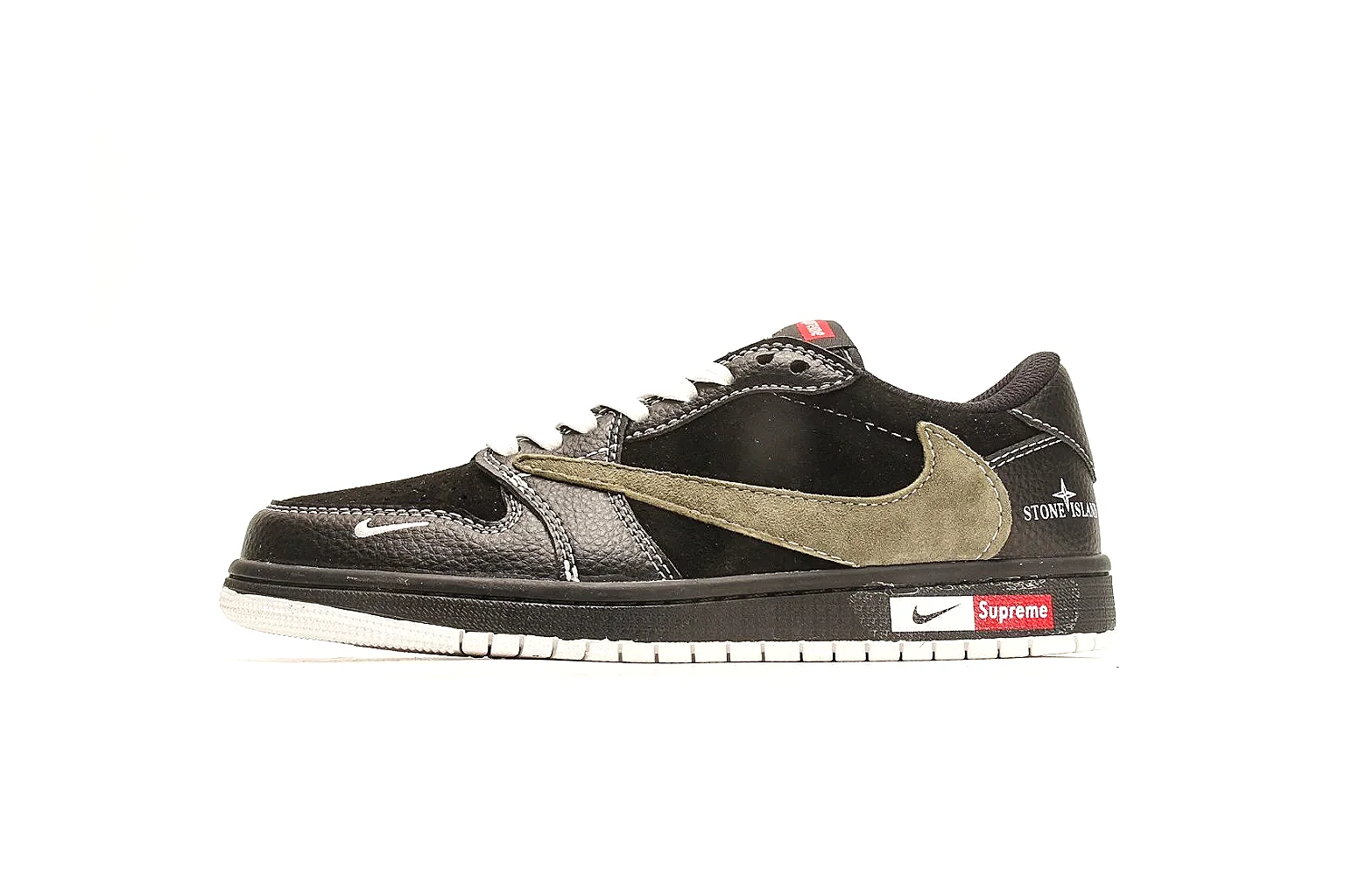 Nike Air Court Connect Black Olive Low Top comparison photo showing black low-top upper, olive Swoosh, white laces, side text graphics, and red accent details