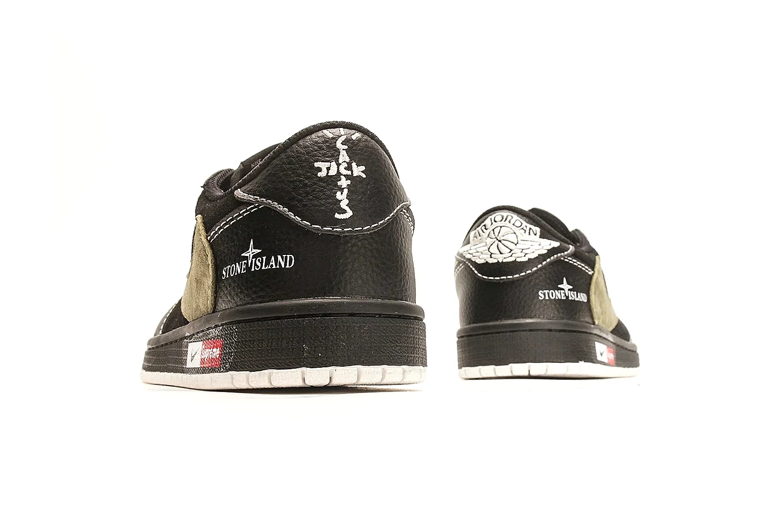 Nike Air Court Connect Black Olive Low Top comparison photo showing black low-top upper, olive Swoosh, white laces, side text graphics, and red accent details thumbnail 3