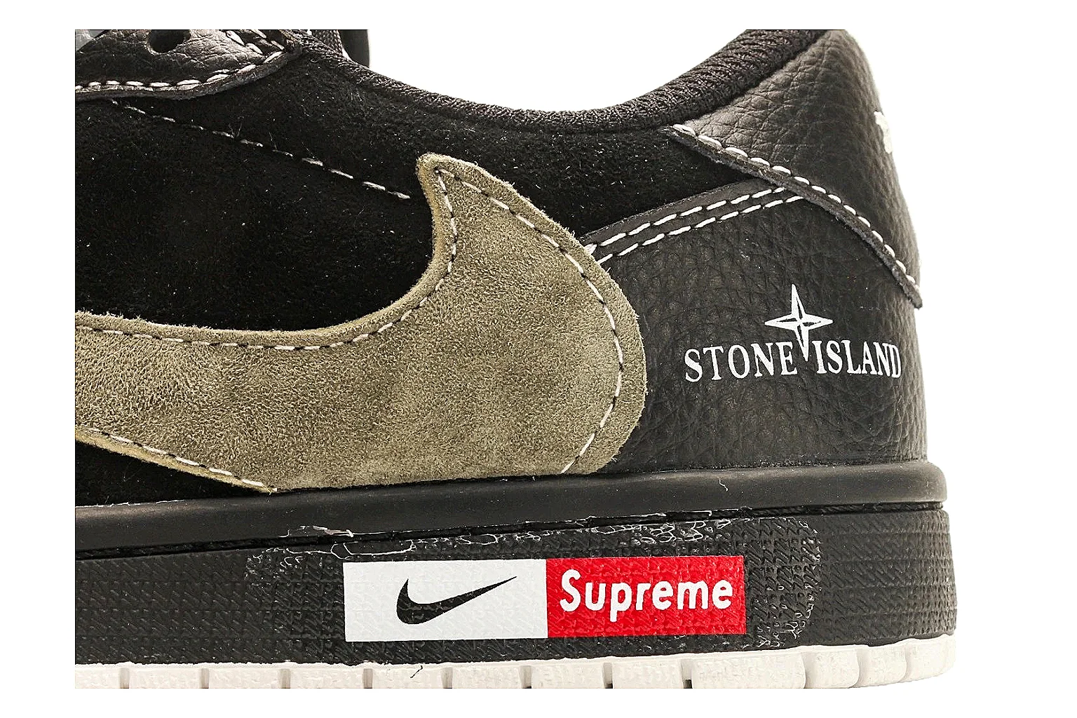 Nike Air Court Connect Black Olive Low Top comparison photo showing black low-top upper, olive Swoosh, white laces, side text graphics, and red accent details thumbnail 5