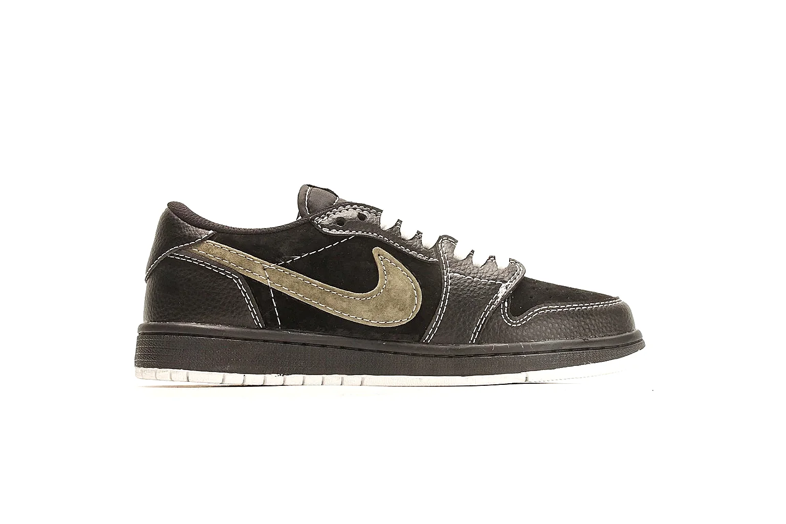 Nike Air Court Connect Black Olive Low Top comparison photo showing black low-top upper, olive Swoosh, white laces, side text graphics, and red accent details thumbnail 6