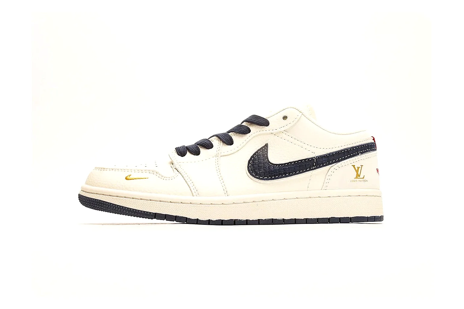 Nike Air Court Cream Navy Low Top comparison photo showing cream leather upper, navy Swoosh, dark laces, red heel accents, and gold side graphics