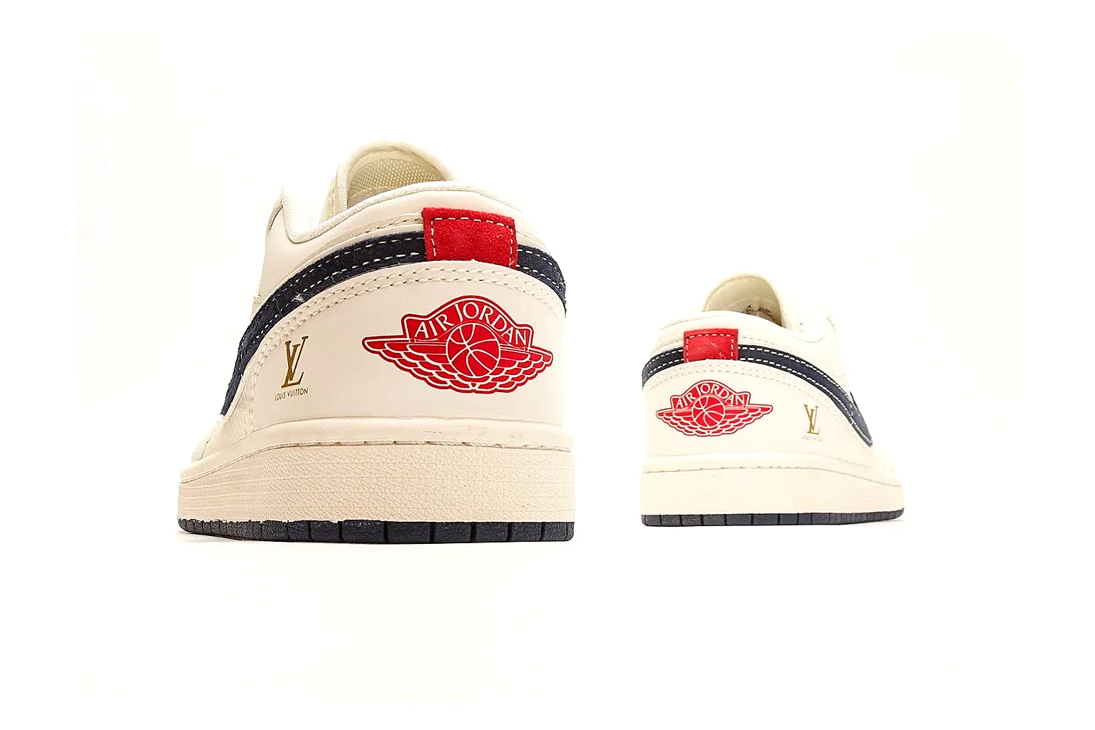 Nike Air Court Cream Navy Low Top comparison photo showing cream leather upper, navy Swoosh, dark laces, red heel accents, and gold side graphics thumbnail 3