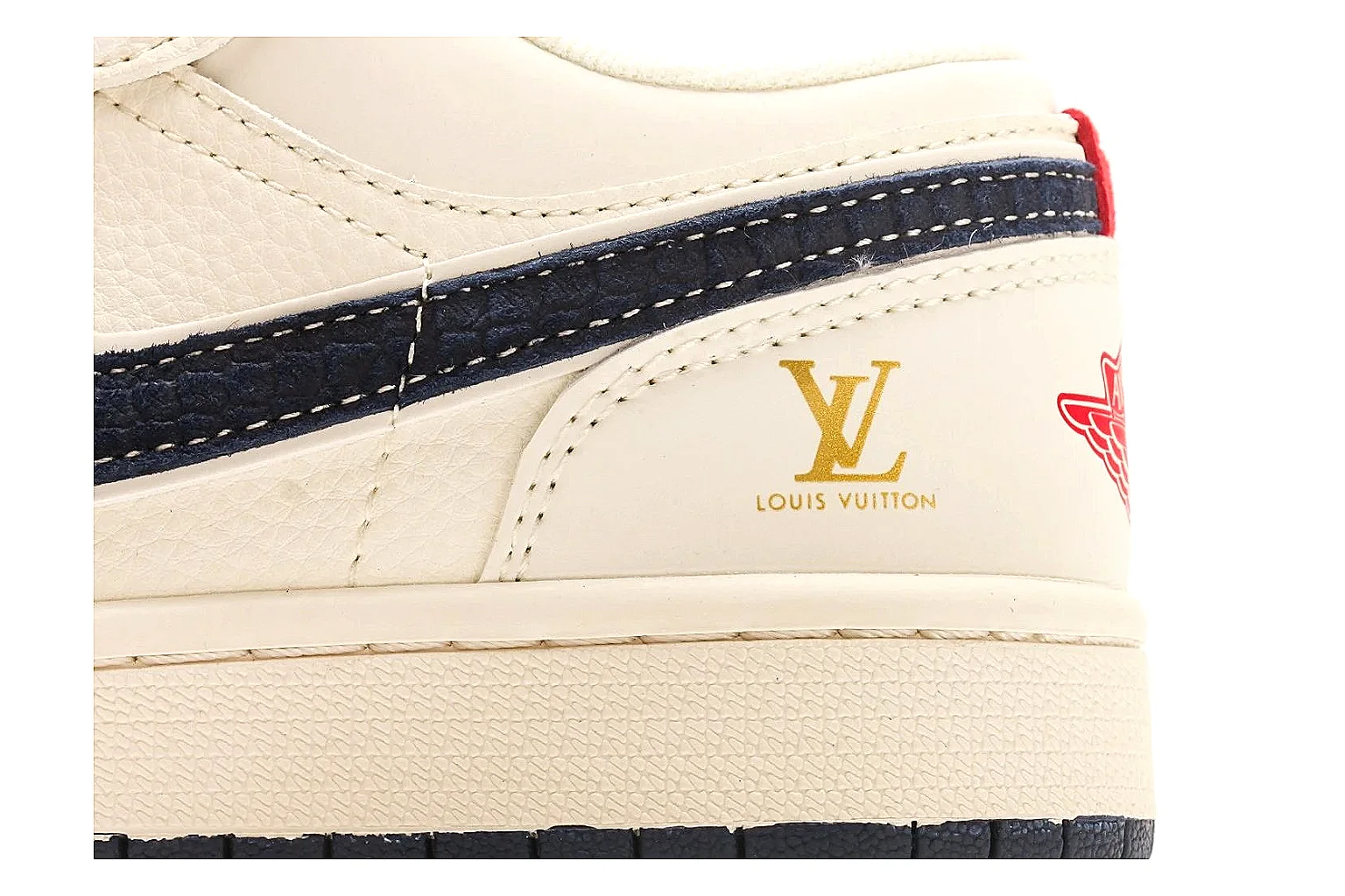 Nike Air Court Cream Navy Low Top comparison photo showing cream leather upper, navy Swoosh, dark laces, red heel accents, and gold side graphics thumbnail 5