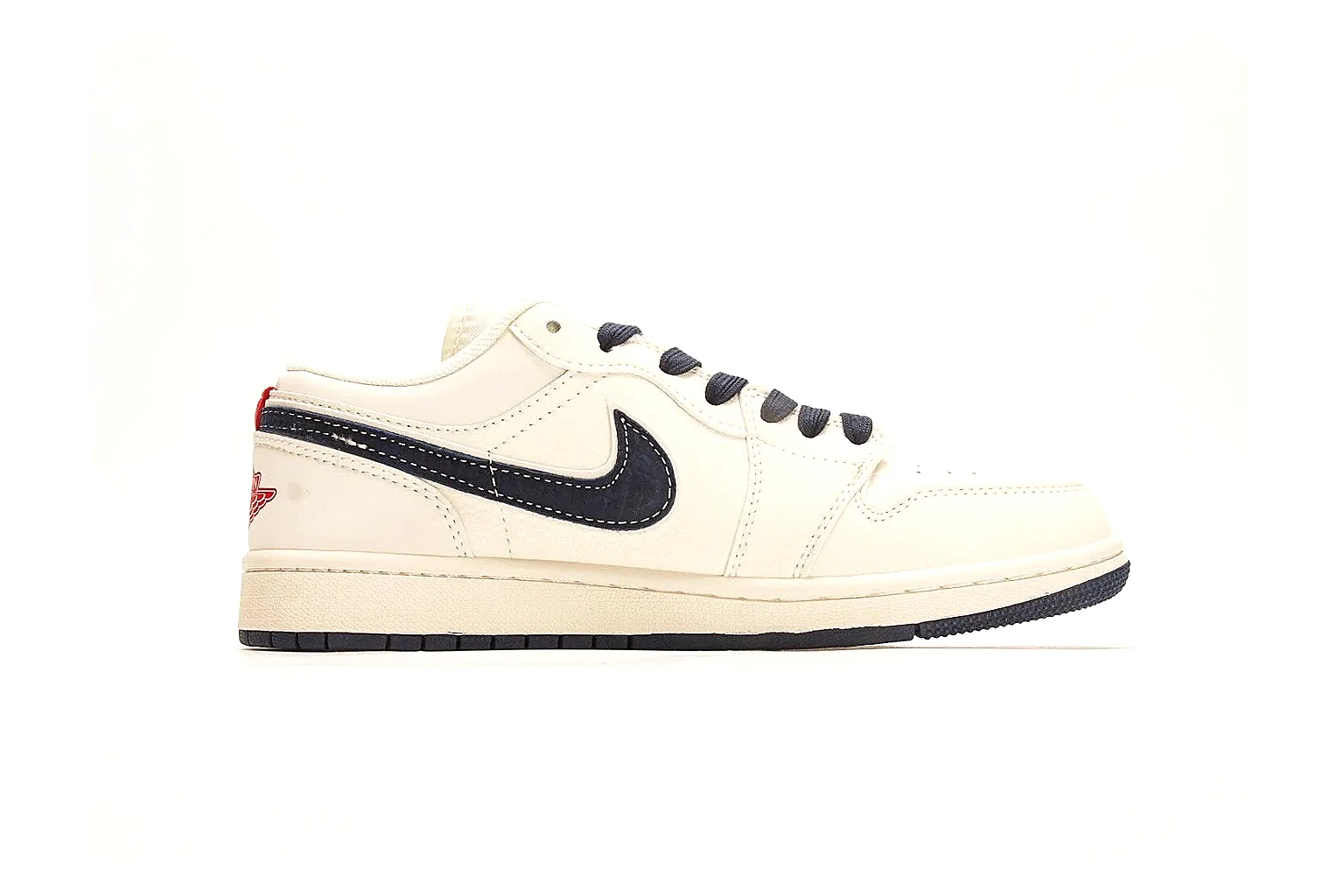 Nike Air Court Cream Navy Low Top comparison photo showing cream leather upper, navy Swoosh, dark laces, red heel accents, and gold side graphics thumbnail 6