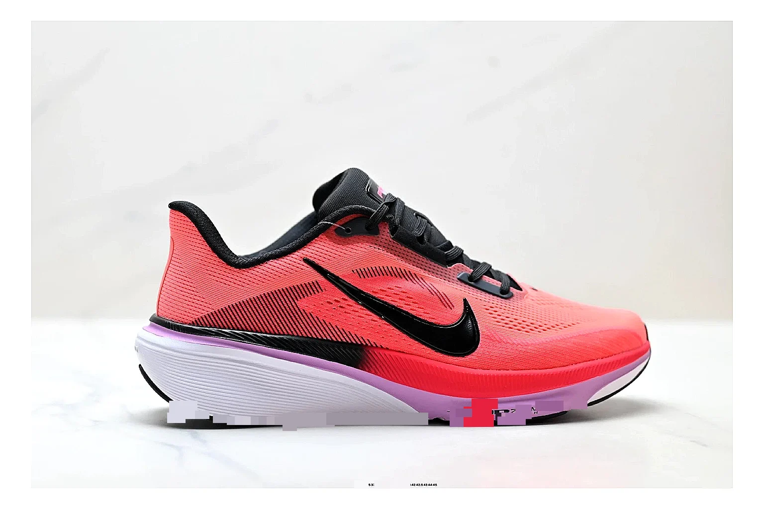Nike Air Zoom Pegasus Pink Black Sneakers comparison signal photo with pink black running sneakers with mesh texture, side-profile shape, upper panel lines, and outsole detail