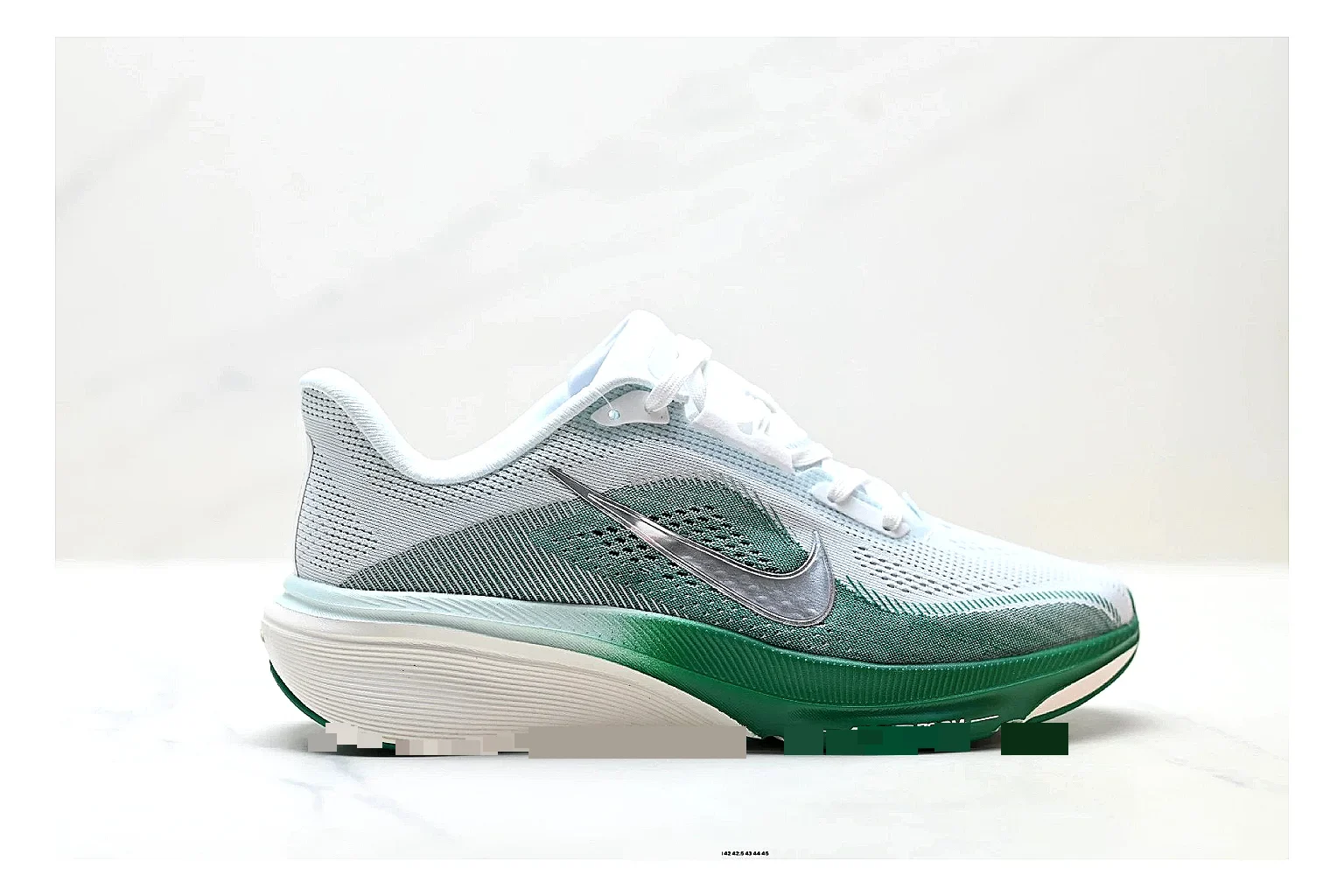 Nike Air Zoom Pegasus White Green Sneakers comparison signal photo with white green running sneakers with mesh texture, side-profile shape, upper panel lines, and outsole detail