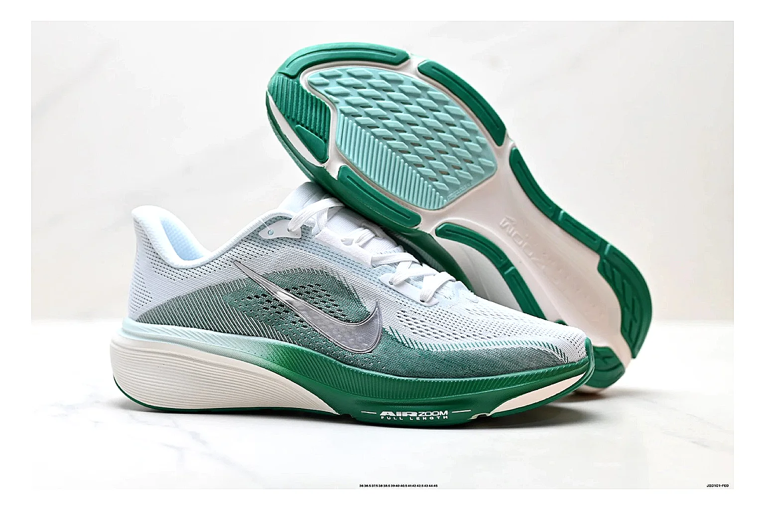 Nike Air Zoom Pegasus White Green Sneakers comparison signal photo with white green running sneakers with mesh texture, side-profile shape, upper panel lines, and outsole detail thumbnail 5