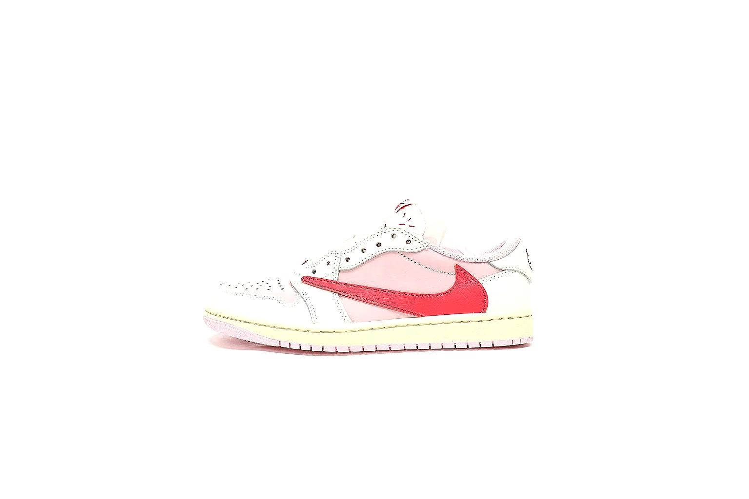 Nike AJ1 Low pink reverse Swoosh price scout with outsole and side views thumbnail 2