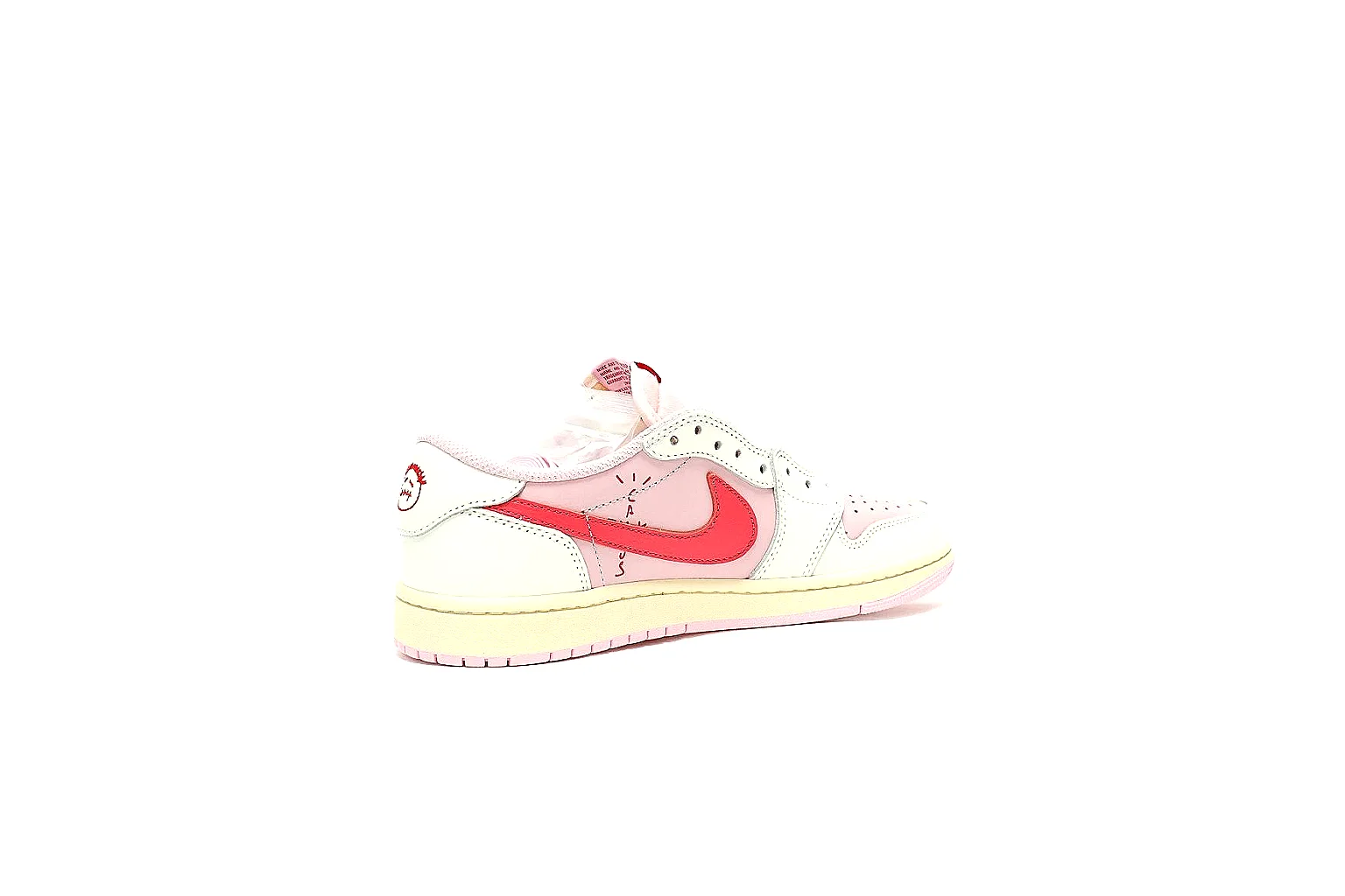 Nike AJ1 Low pink reverse Swoosh price scout with outsole and side views
