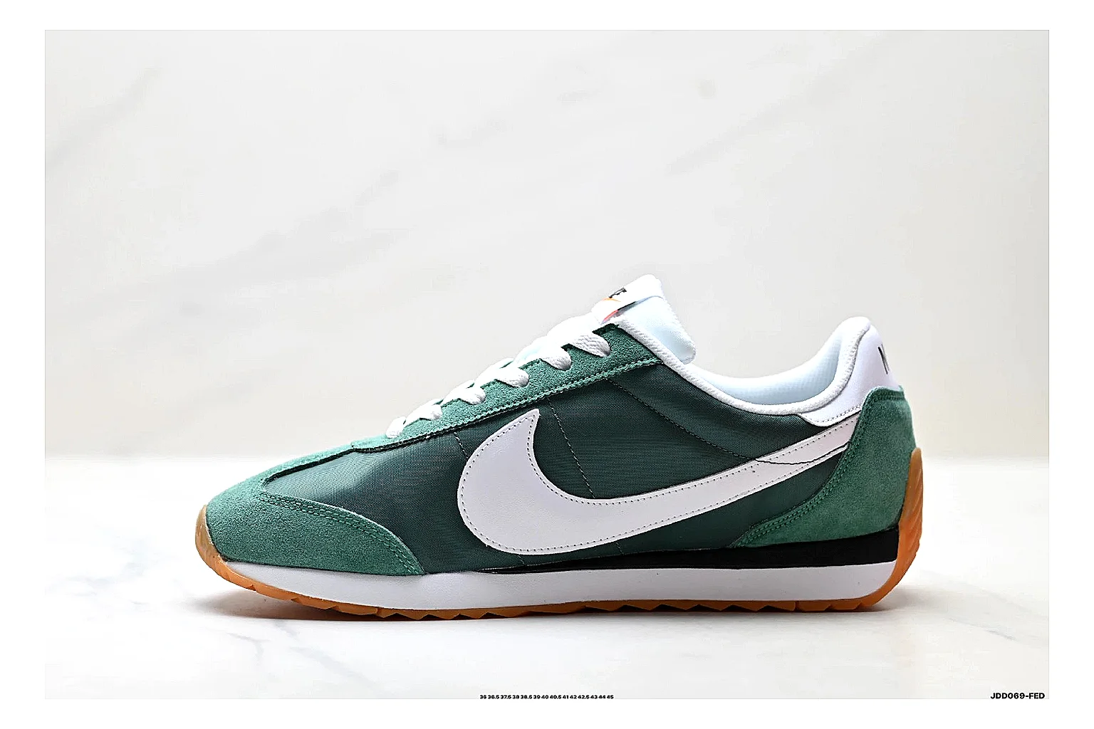 Nike Cortez Green White comparison photo showing green white leather low-top upper, slim retro runner profile, Swoosh detail, and classic Cortez sole