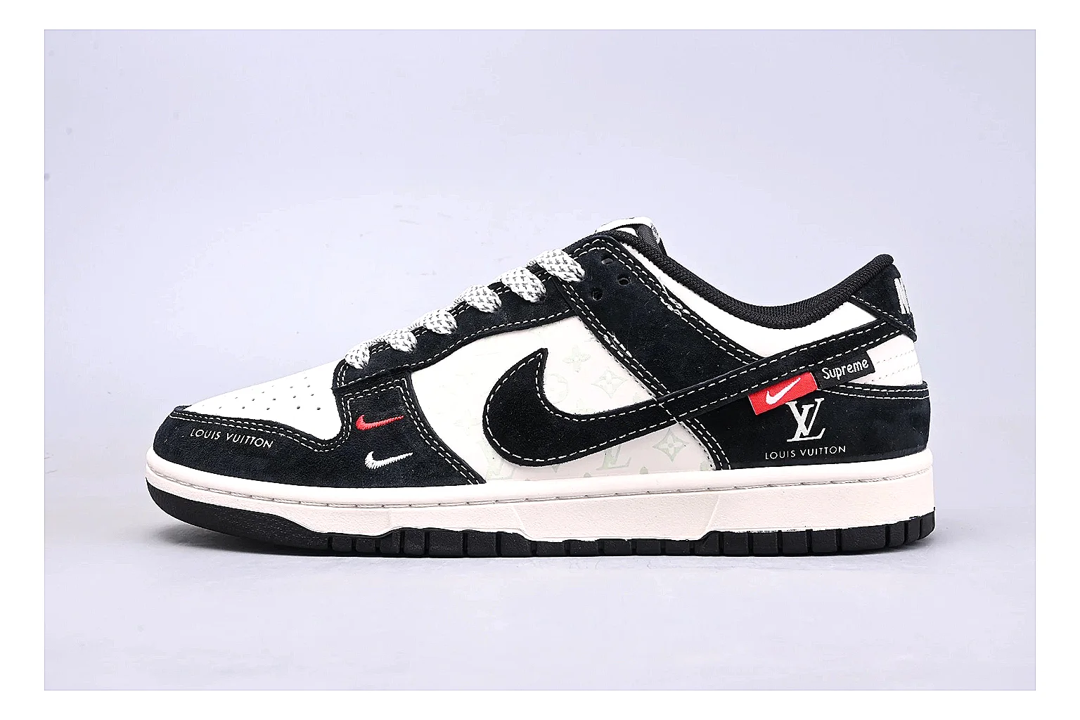 Nike Dunk Low Black White comparison photo showing black and white leather panels, low Dunk silhouette, padded collar, and basketball-retro sole