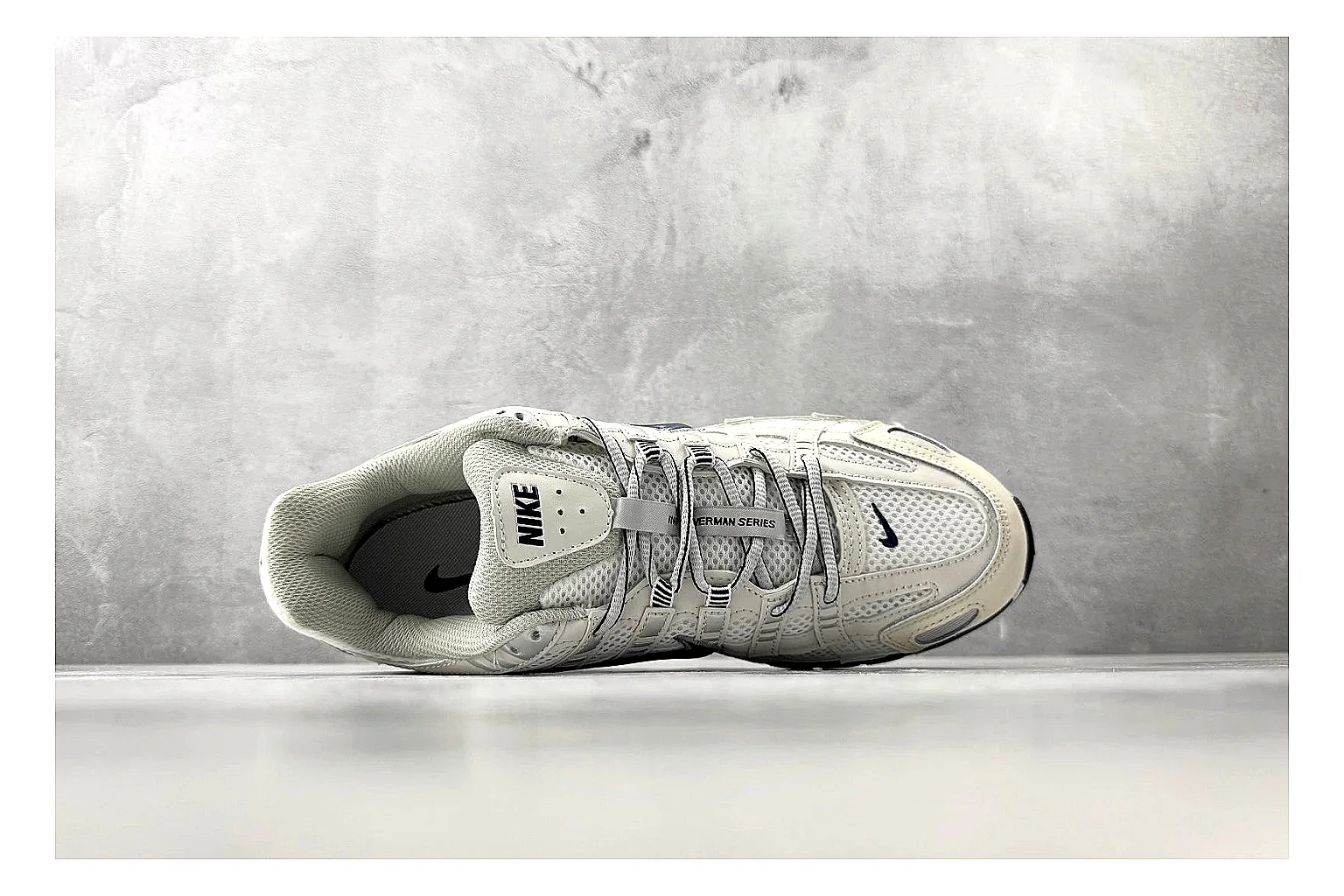 Nike P-6000 Cream Silver Sneaker comparison signal photo with silver cream p-6000 runner with mixed upper and runner shape