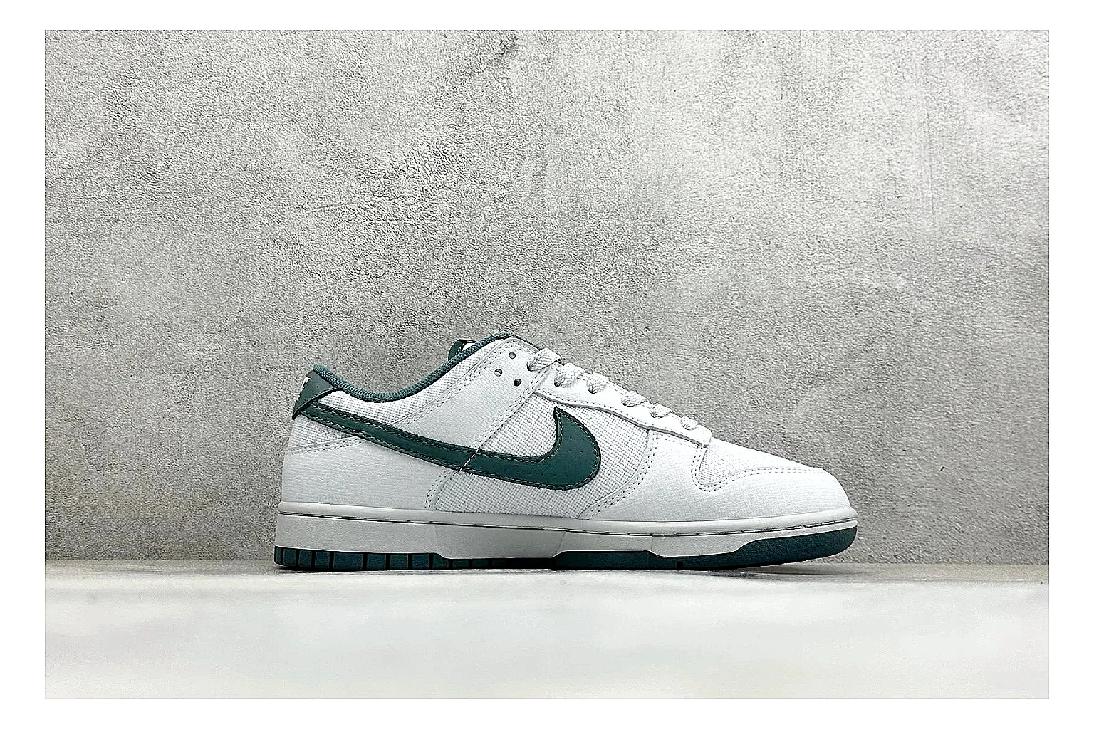 Nike SB Dunk Low White Green comparison photo showing white low-top skate upper, green Swoosh, padded collar, and classic Dunk sole shape thumbnail 6