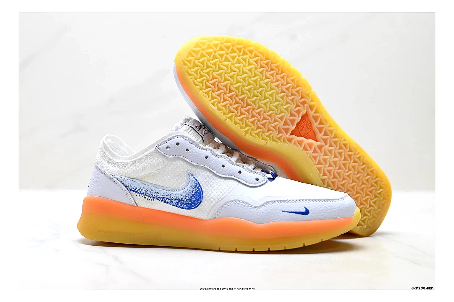 Nike SB PS8 White Blue Sneakers comparison signal photo with white blue skate sneakers with leather texture, side-profile shape, upper panel lines, and outsole detail thumbnail 5