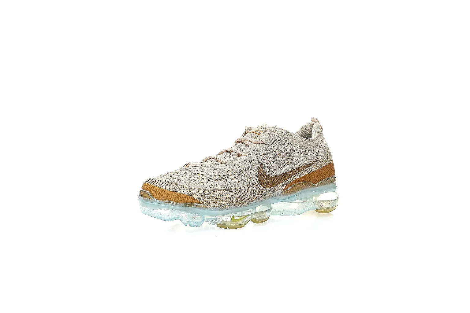 Nike VaporMax-style cream tan knit runner with visible Swoosh and air sole
