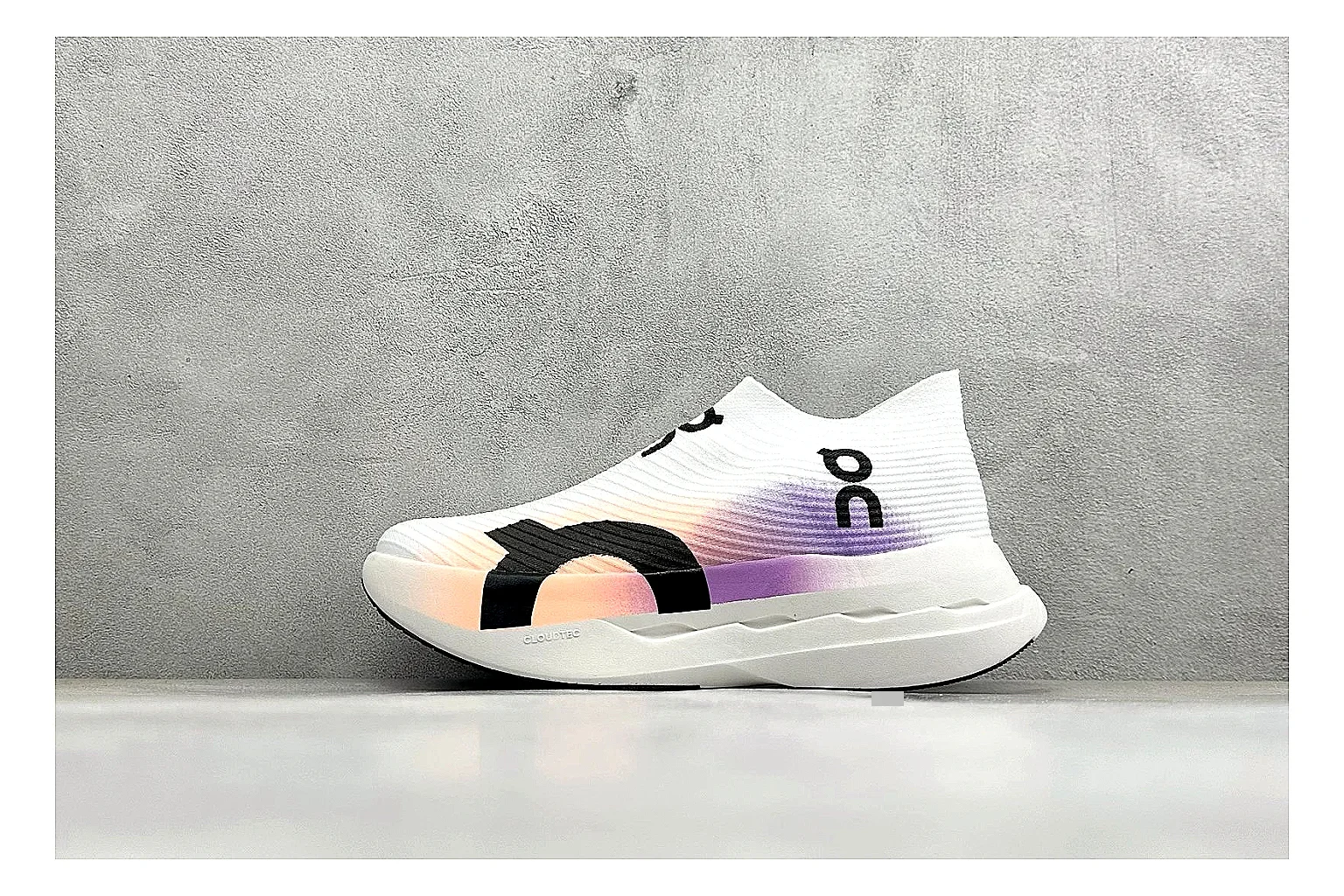 On Cloudboom White Peach comparison photo showing white performance mesh, peach gradient accents, slim racing profile, and segmented CloudTec sole