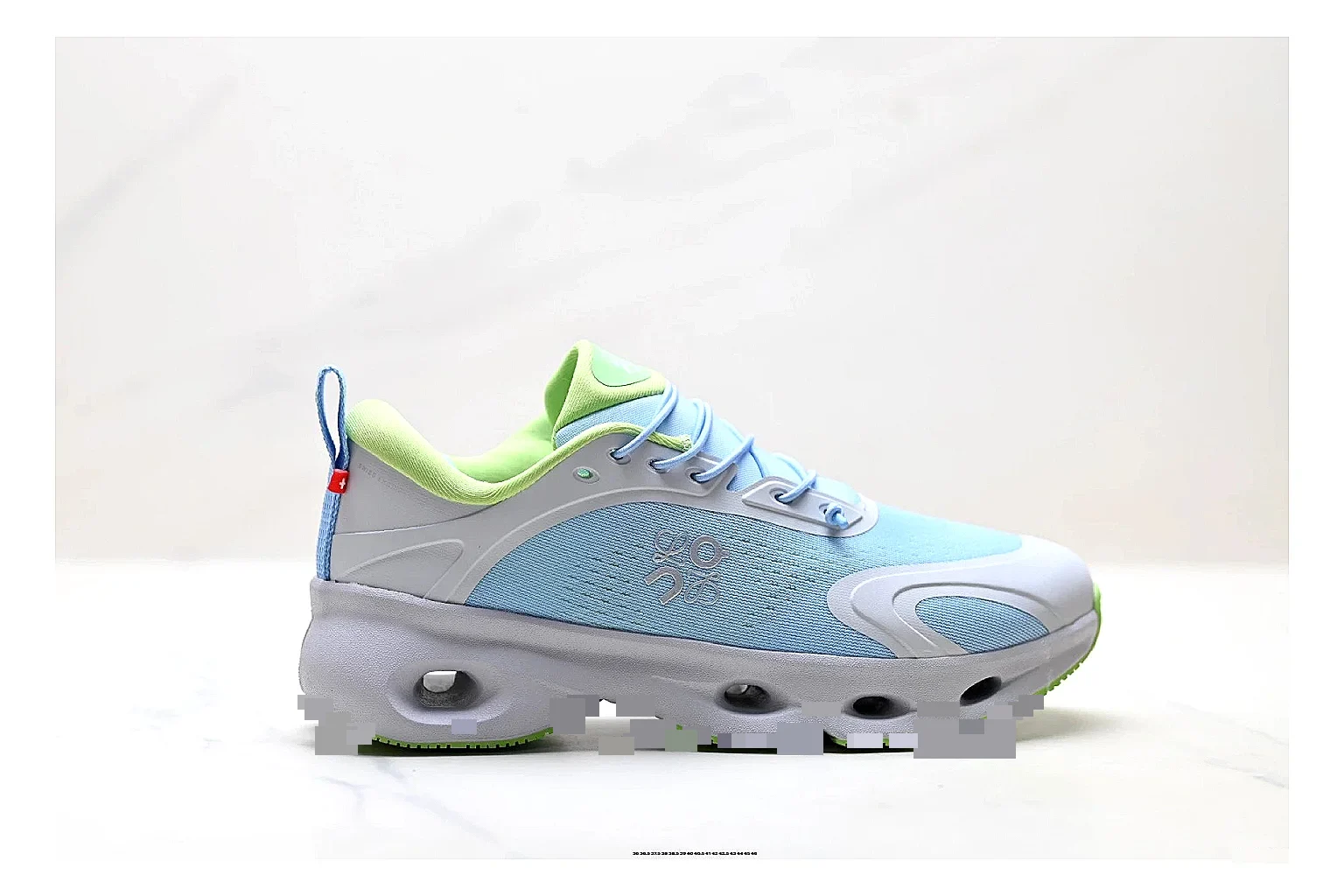 On Cloudsurfer Sky Blue Green Sneakers comparison signal photo with sky blue green running sneakers with mesh texture, side-profile shape, upper panel lines, and outsole detail