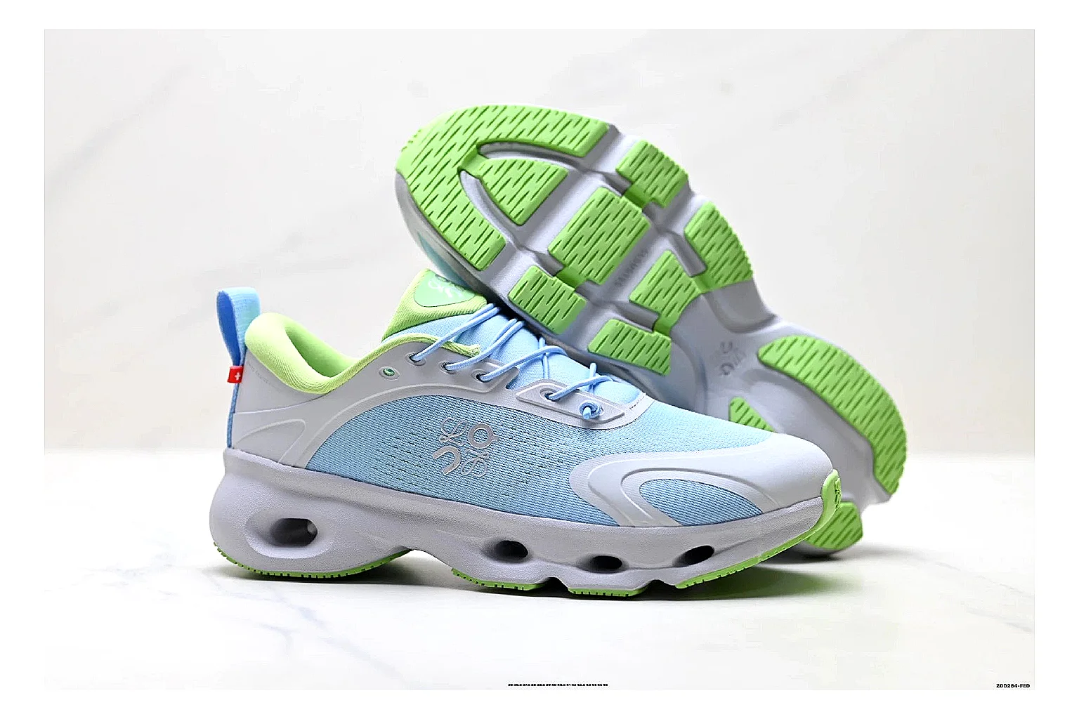 On Cloudsurfer Sky Blue Green Sneakers comparison signal photo with sky blue green running sneakers with mesh texture, side-profile shape, upper panel lines, and outsole detail thumbnail 5