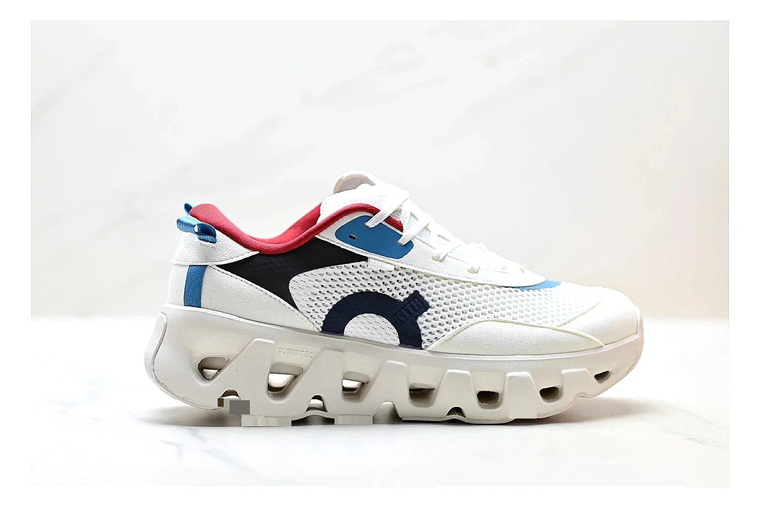 On Cloudswift K-Tech 2 White Blue Red Sneakers comparison signal photo with white blue red running sneakers with mesh texture, side-profile shape, upper panel lines, and outsole detail