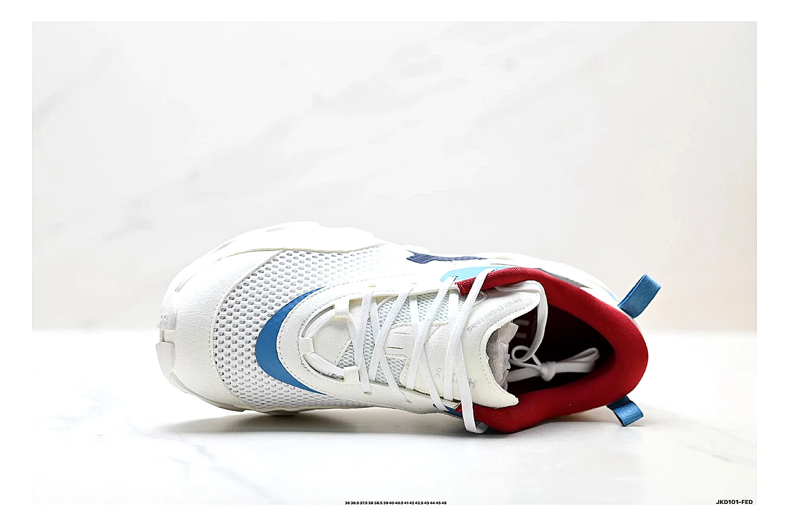 On Cloudswift K-Tech 2 White Blue Red Sneakers comparison signal photo with white blue red running sneakers with mesh texture, side-profile shape, upper panel lines, and outsole detail