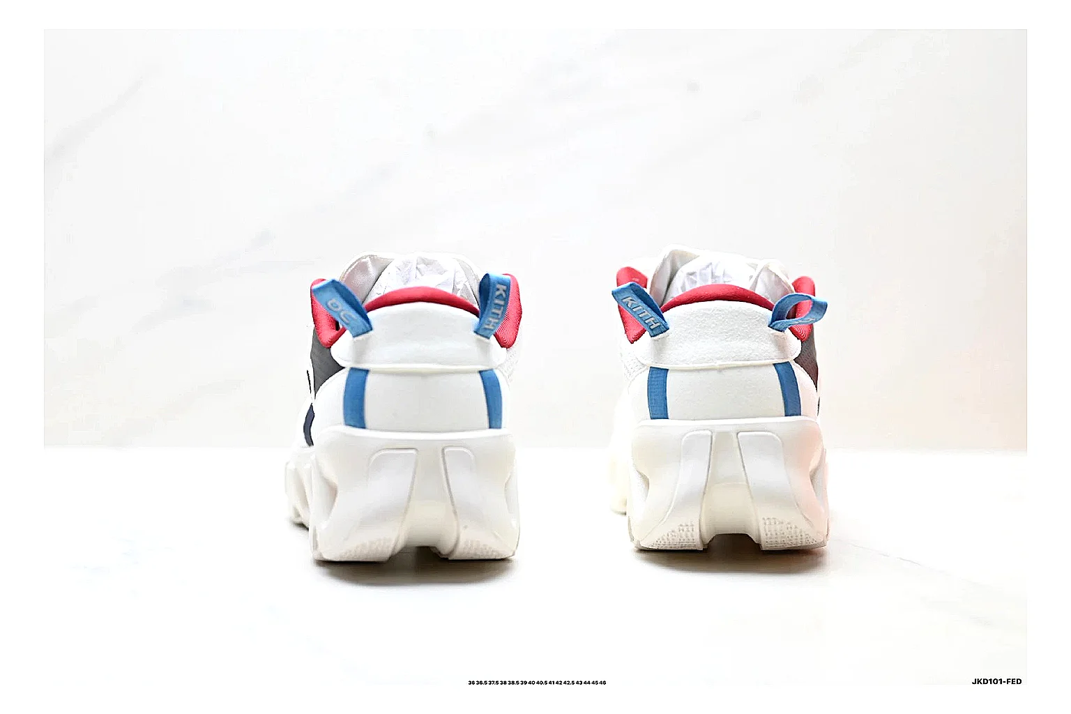On Cloudswift K-Tech 2 White Blue Red Sneakers comparison signal photo with white blue red running sneakers with mesh texture, side-profile shape, upper panel lines, and outsole detail thumbnail 3