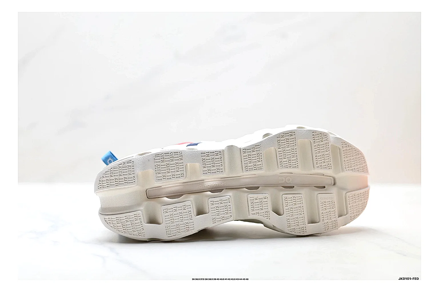 On Cloudswift K-Tech 2 White Blue Red Sneakers comparison signal photo with white blue red running sneakers with mesh texture, side-profile shape, upper panel lines, and outsole detail thumbnail 4