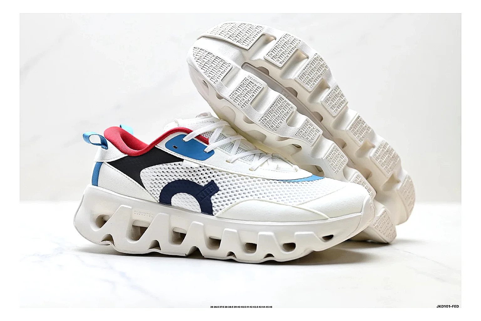 On Cloudswift K-Tech 2 White Blue Red Sneakers comparison signal photo with white blue red running sneakers with mesh texture, side-profile shape, upper panel lines, and outsole detail thumbnail 5
