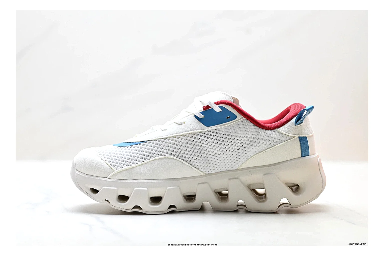 On Cloudswift K-Tech 2 White Blue Red Sneakers comparison signal photo with white blue red running sneakers with mesh texture, side-profile shape, upper panel lines, and outsole detail thumbnail 6