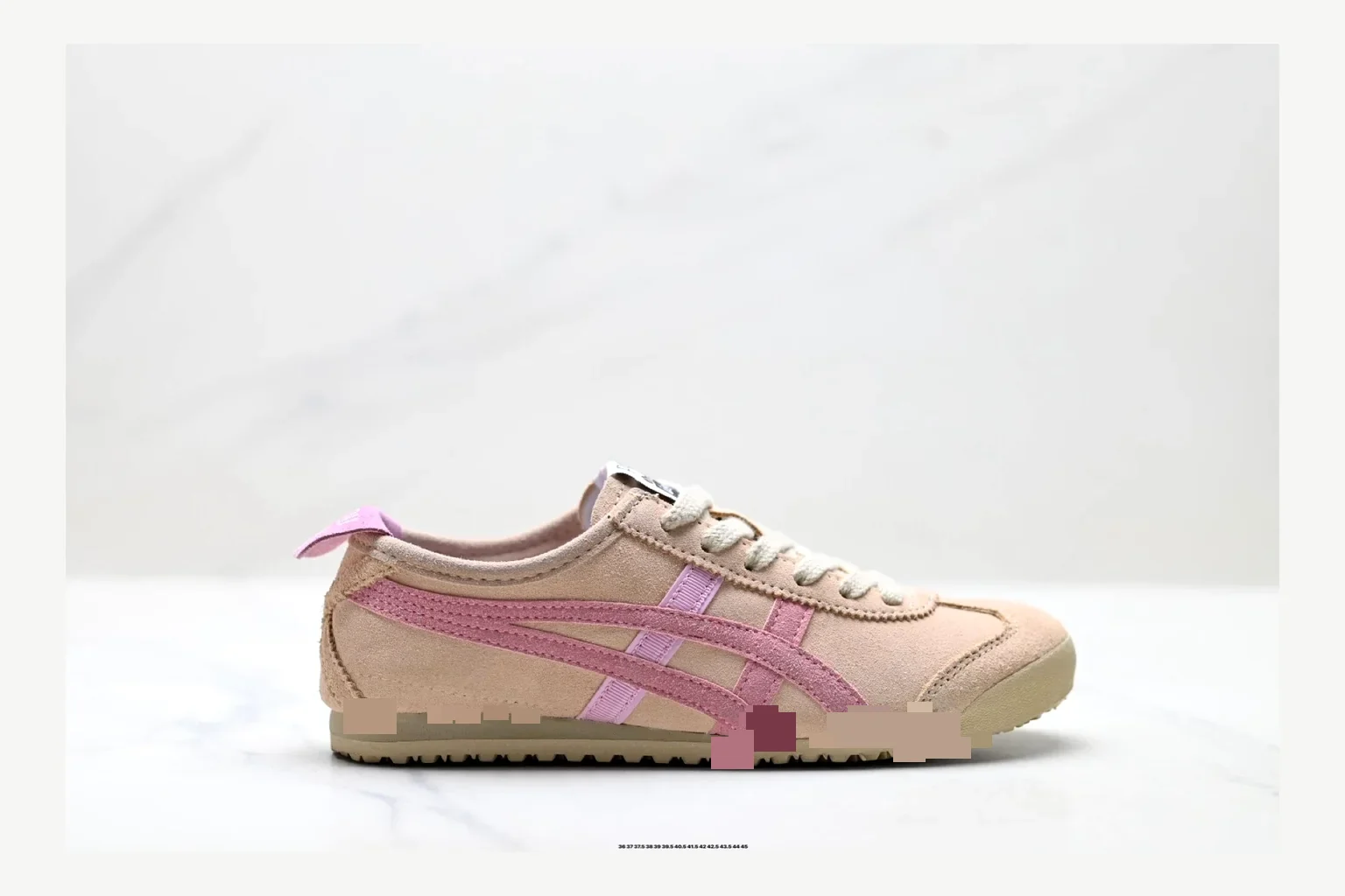 Onitsuka Tiger Beige Pink Sneaker comparison signal photo with pink beige retro stripe low-top with mixed-material upper and low-profile shape