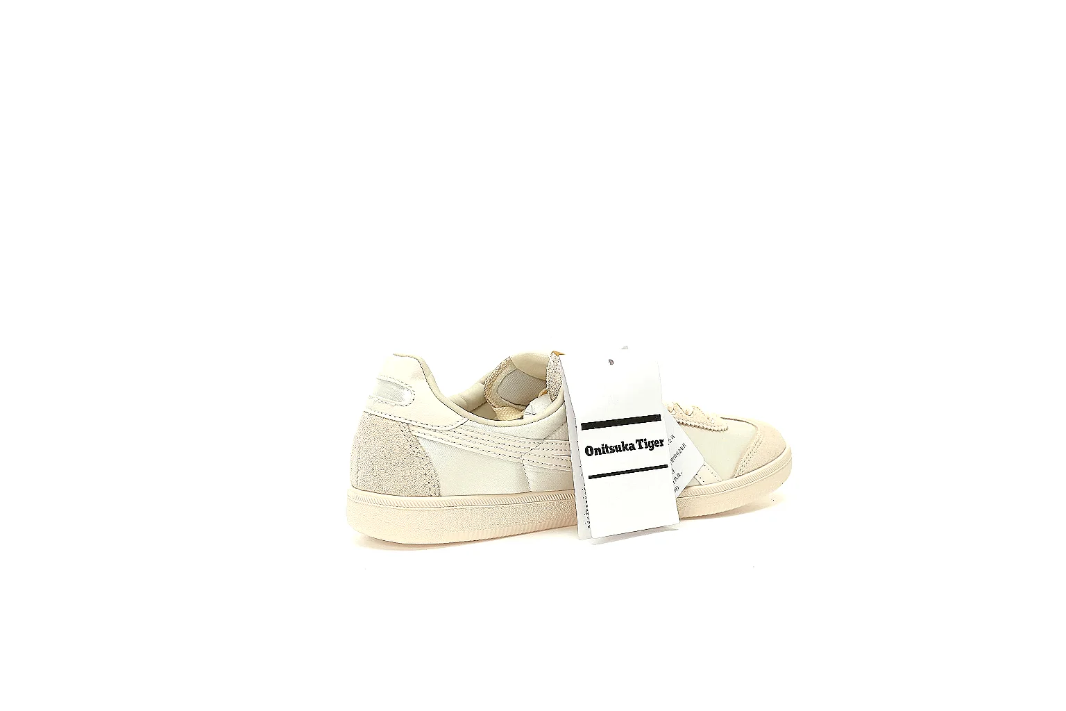 Cream Onitsuka Tiger low top with side stripes and beige suede panel QC angle