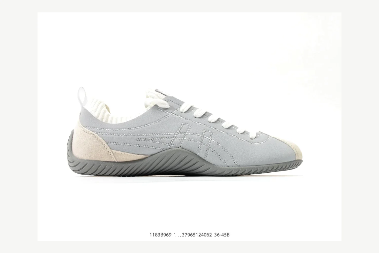 Onitsuka Tiger Grey White Sneaker comparison signal photo with white grey retro stripe low-top with mixed-material upper and low-profile shape