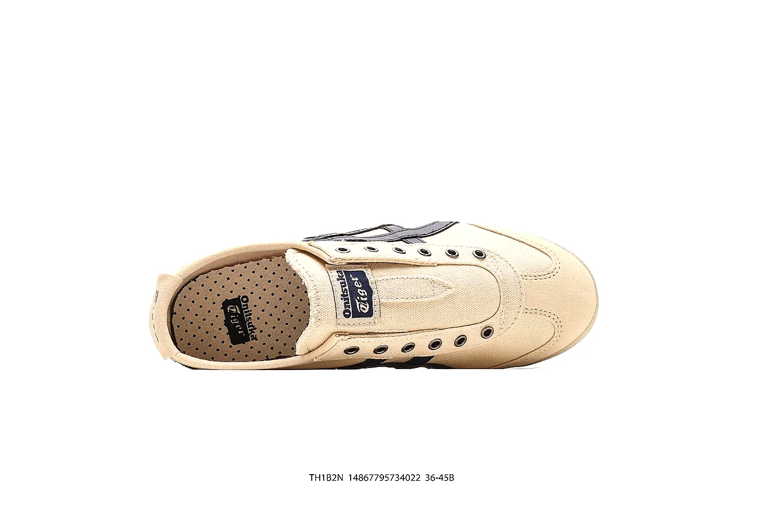 Onitsuka Tiger cream navy low-top side and heel proof angles