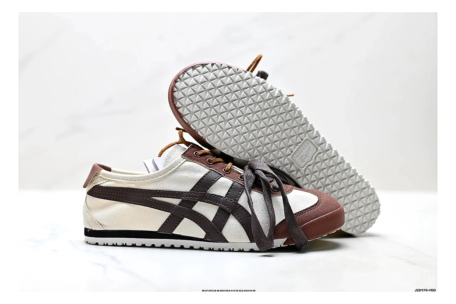 Onitsuka Tiger Mexico 66 Brown Cream Sneakers comparison signal photo with brown cream low-top sneakers with leather texture, side-profile shape, upper panel lines, and outsole detail thumbnail 5
