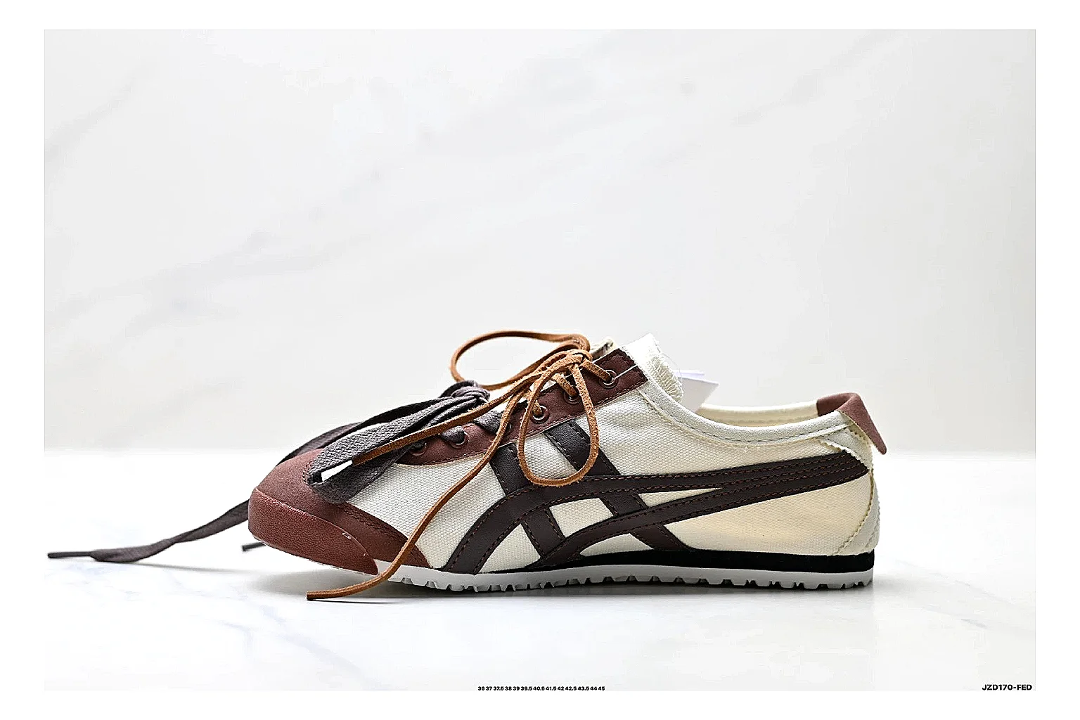 Onitsuka Tiger Mexico 66 Brown Cream Sneakers comparison signal photo with brown cream low-top sneakers with leather texture, side-profile shape, upper panel lines, and outsole detail thumbnail 6