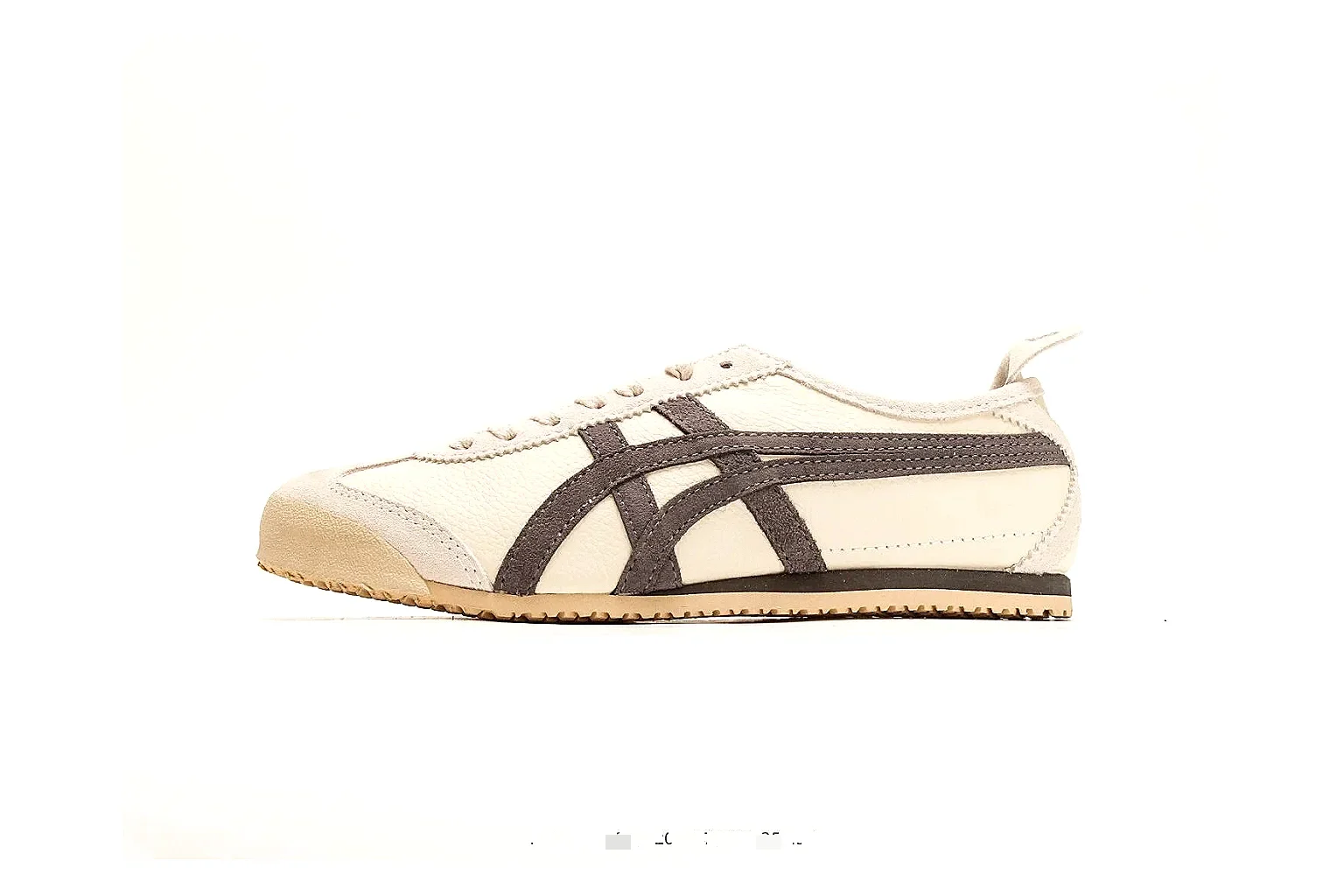 Onitsuka Tiger Mexico 66 Cream Brown Sneakers comparison signal photo with cream brown low-top sneakers with leather texture, side-profile shape, upper panel lines, and outsole detail