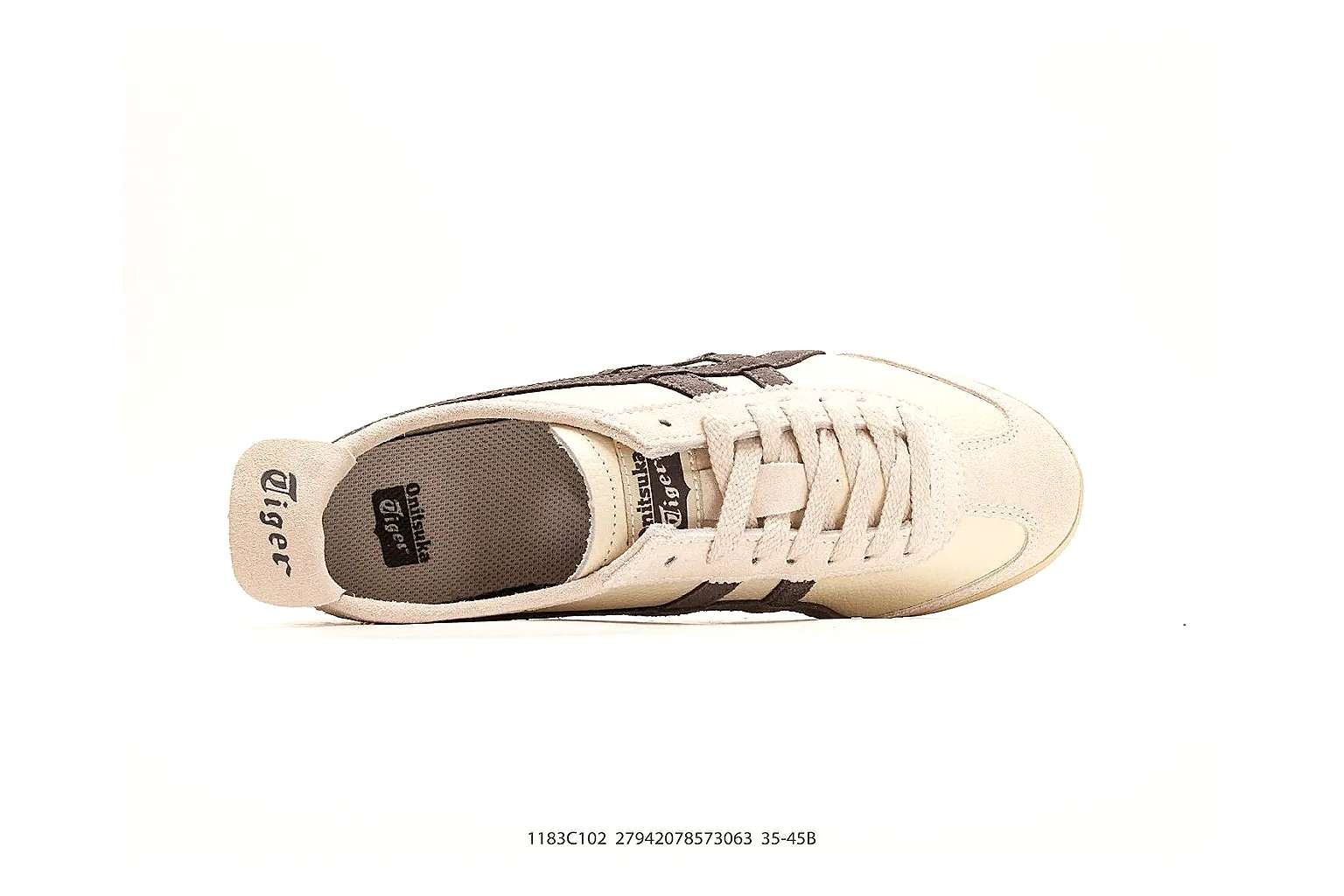 Onitsuka Tiger Mexico 66 Cream Brown Sneakers comparison signal photo with cream brown low-top sneakers with leather texture, side-profile shape, upper panel lines, and outsole detail