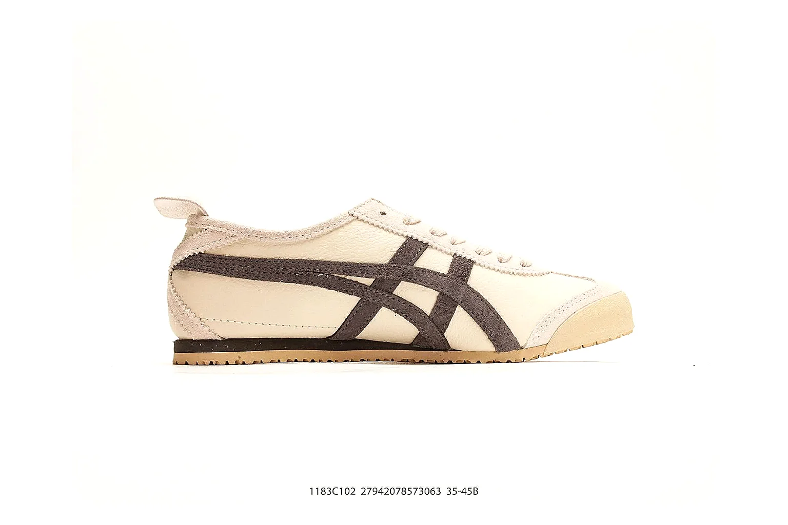 Onitsuka Tiger Mexico 66 Cream Brown Sneakers comparison signal photo with cream brown low-top sneakers with leather texture, side-profile shape, upper panel lines, and outsole detail thumbnail 6