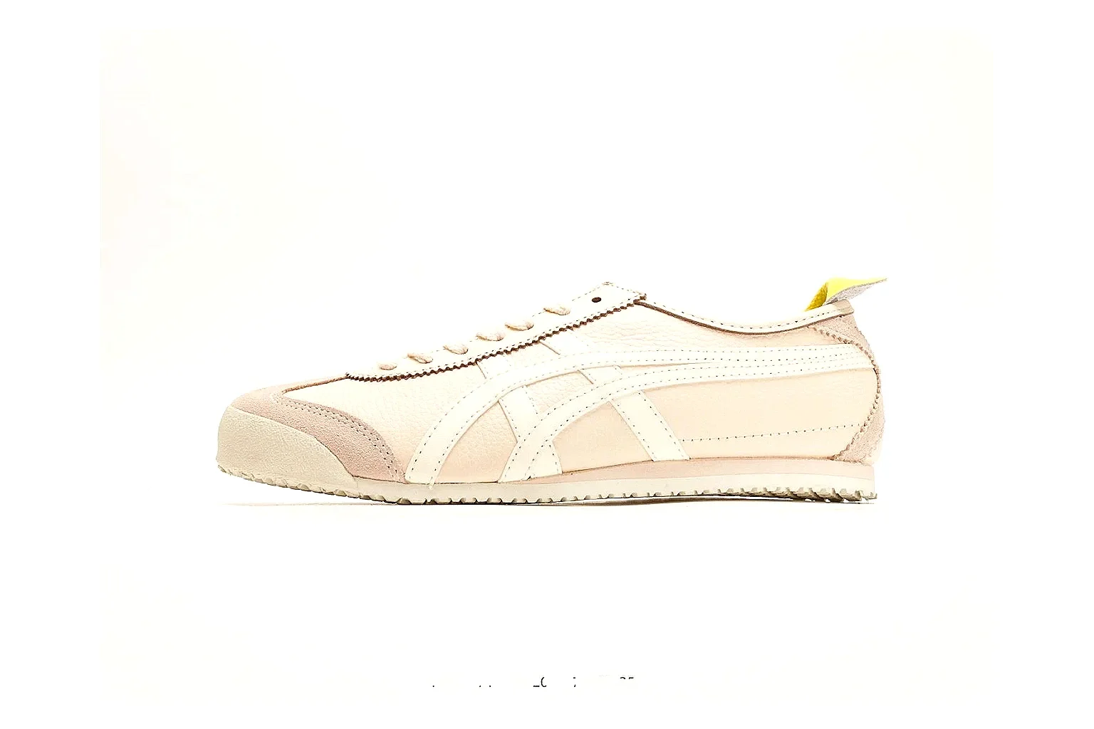 Onitsuka Tiger Mexico 66 Cream Yellow Sneakers comparison signal photo with cream yellow low-top sneakers with leather texture, side-profile shape, upper panel lines, and outsole detail