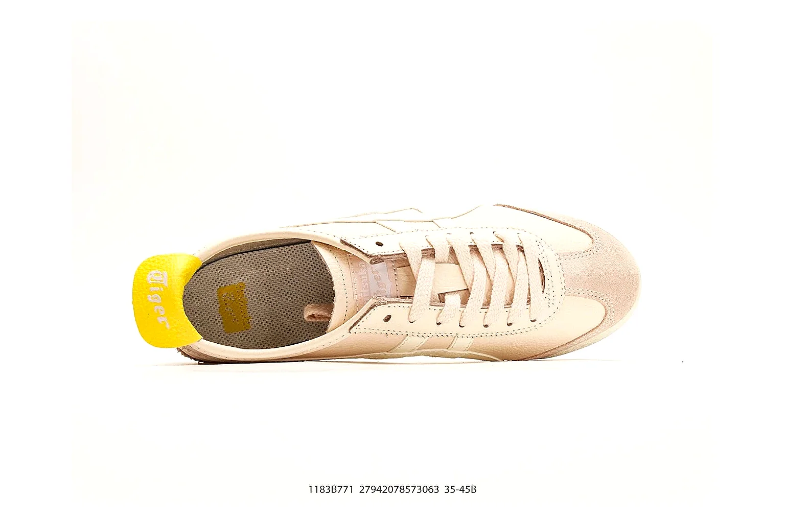 Onitsuka Tiger Mexico 66 Cream Yellow Sneakers comparison signal photo with cream yellow low-top sneakers with leather texture, side-profile shape, upper panel lines, and outsole detail