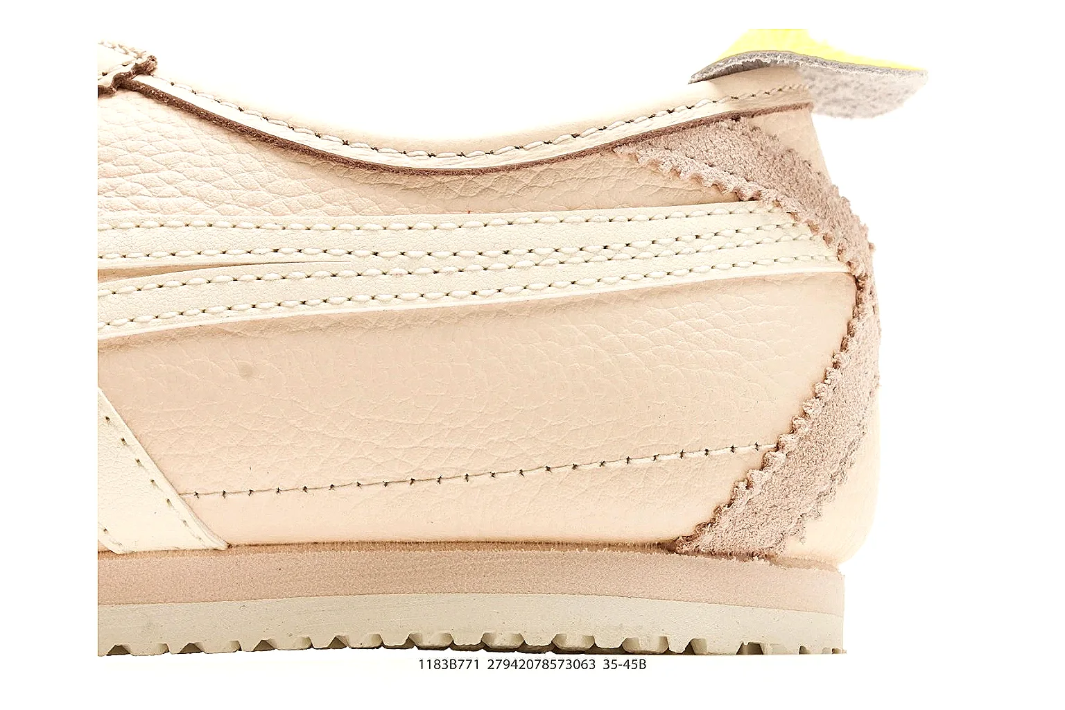Onitsuka Tiger Mexico 66 Cream Yellow Sneakers comparison signal photo with cream yellow low-top sneakers with leather texture, side-profile shape, upper panel lines, and outsole detail thumbnail 5