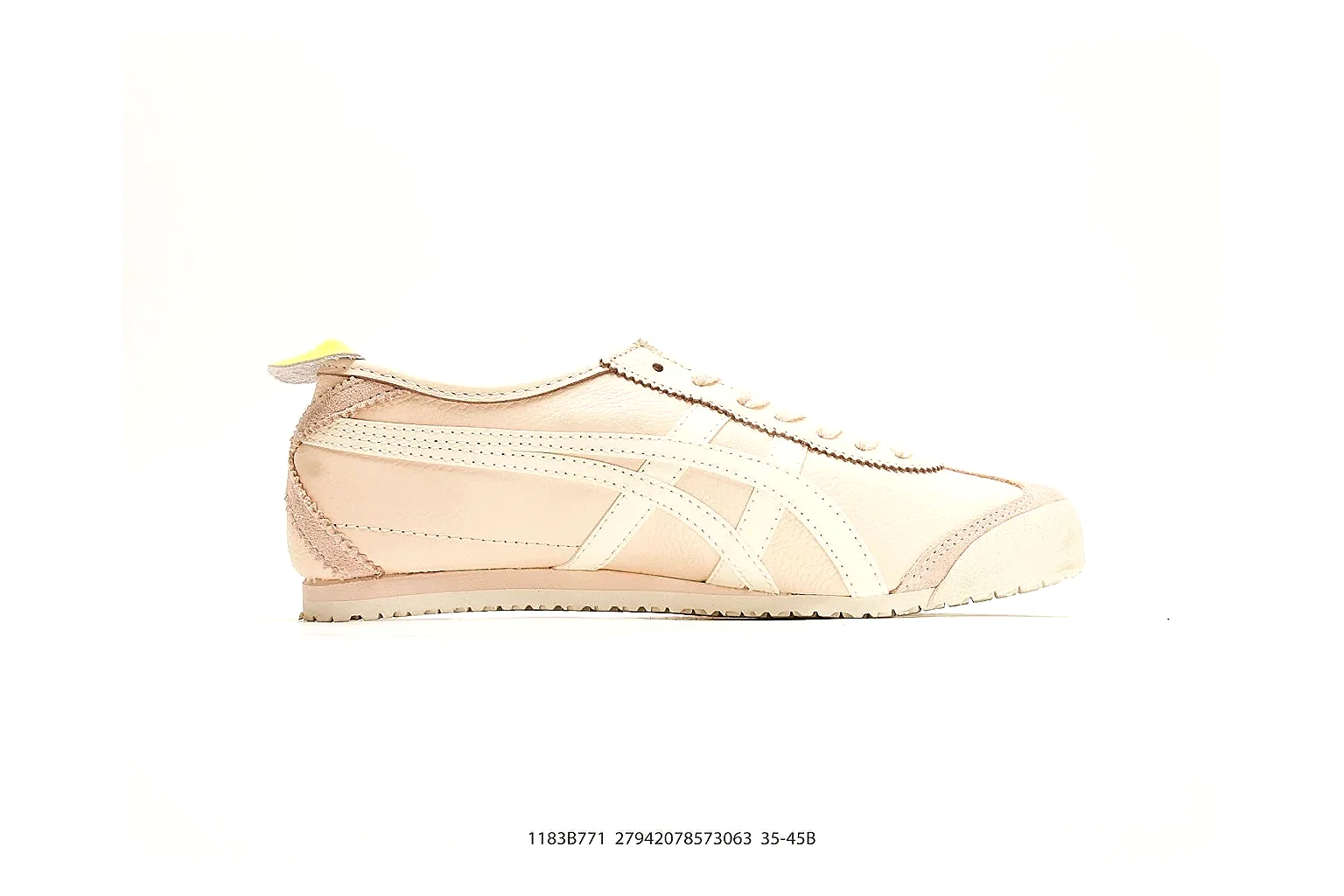 Onitsuka Tiger Mexico 66 Cream Yellow Sneakers comparison signal photo with cream yellow low-top sneakers with leather texture, side-profile shape, upper panel lines, and outsole detail thumbnail 6