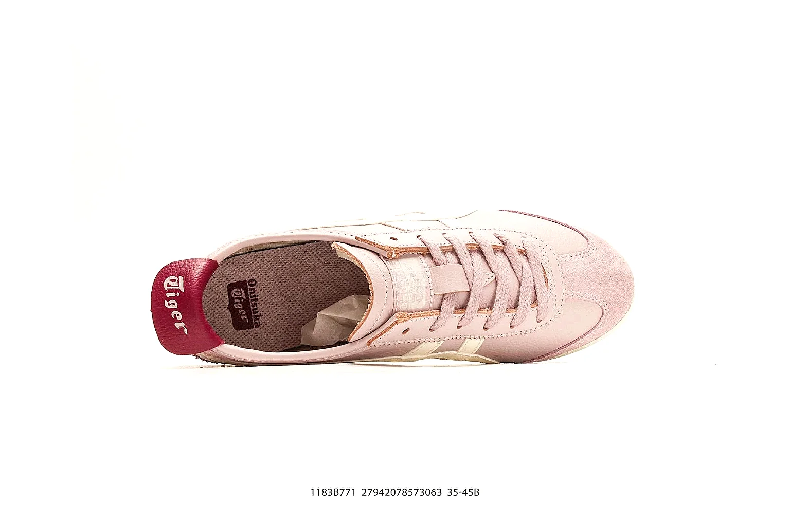 Onitsuka Tiger Mexico 66 Pink White Sneakers comparison signal photo with pink white low-top sneakers with leather texture, side-profile shape, upper panel lines, and outsole detail