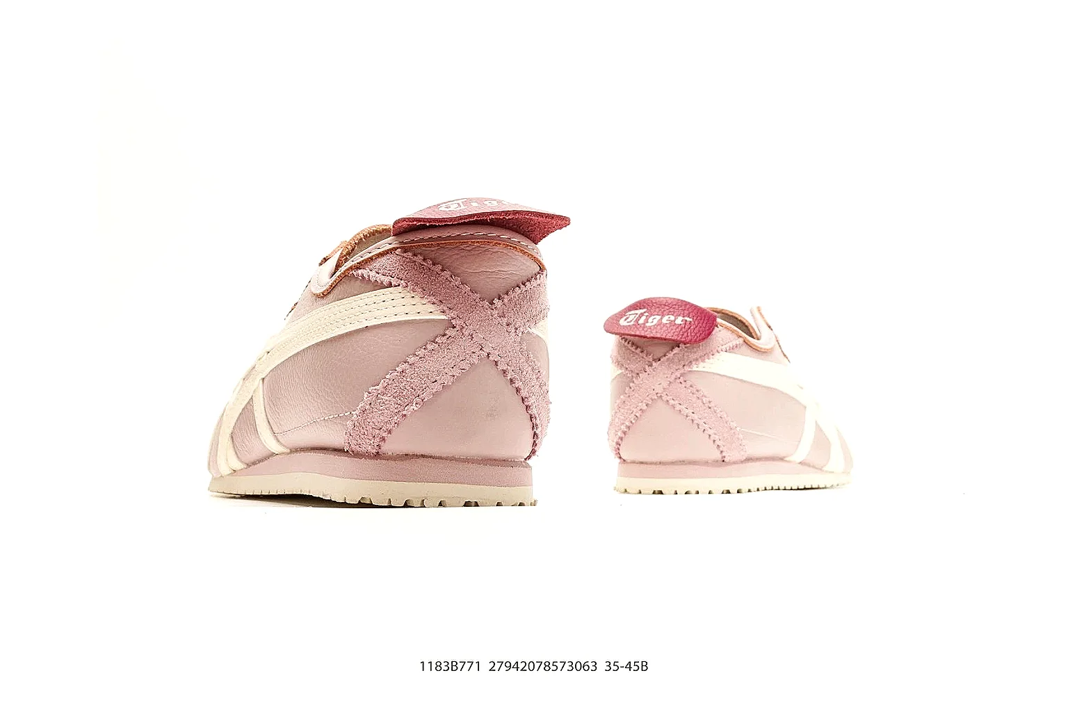 Onitsuka Tiger Mexico 66 Pink White Sneakers comparison signal photo with pink white low-top sneakers with leather texture, side-profile shape, upper panel lines, and outsole detail thumbnail 3