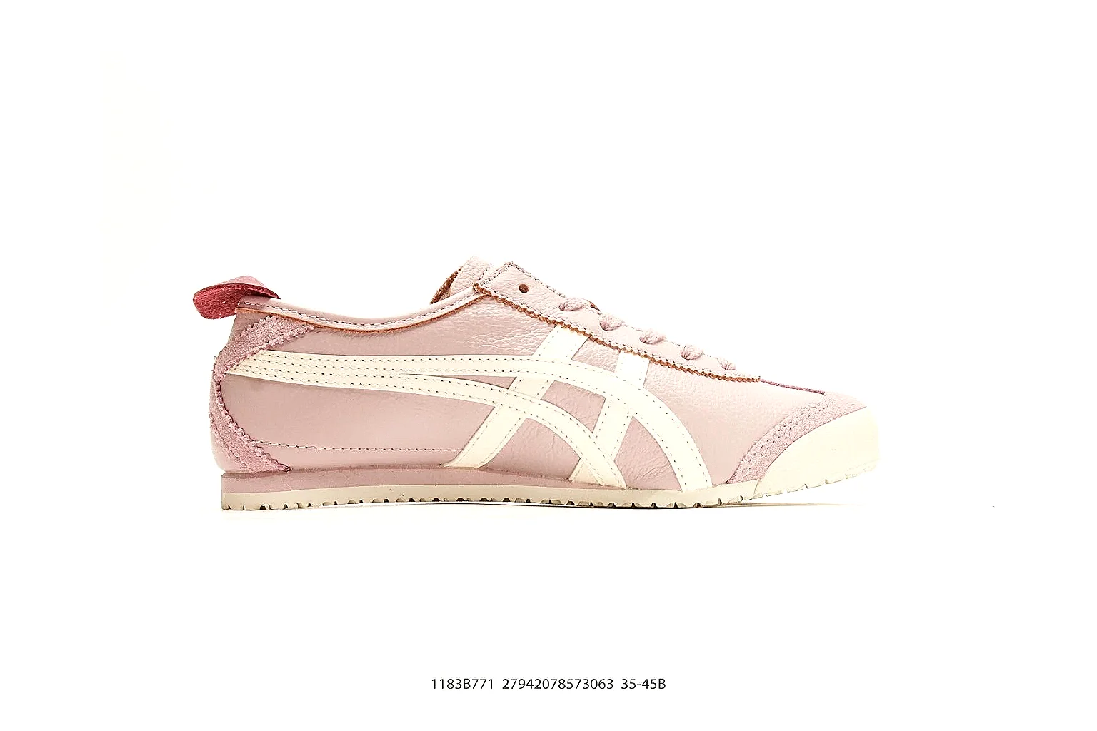 Onitsuka Tiger Mexico 66 Pink White Sneakers comparison signal photo with pink white low-top sneakers with leather texture, side-profile shape, upper panel lines, and outsole detail thumbnail 6