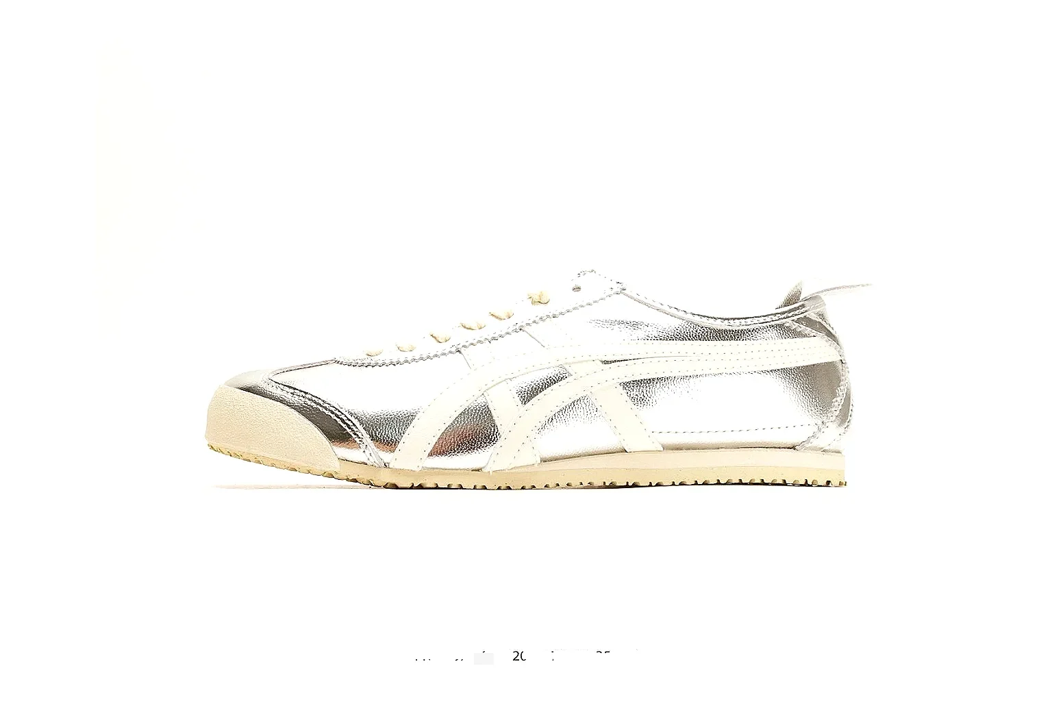 Onitsuka Tiger Mexico 66 Silver White Sneakers comparison signal photo with silver white low-top sneakers with metallic-leather texture, side-profile shape, upper panel lines, and outsole detail