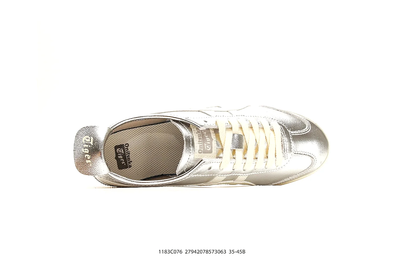 Onitsuka Tiger Mexico 66 Silver White Sneakers comparison signal photo with silver white low-top sneakers with metallic-leather texture, side-profile shape, upper panel lines, and outsole detail thumbnail 2