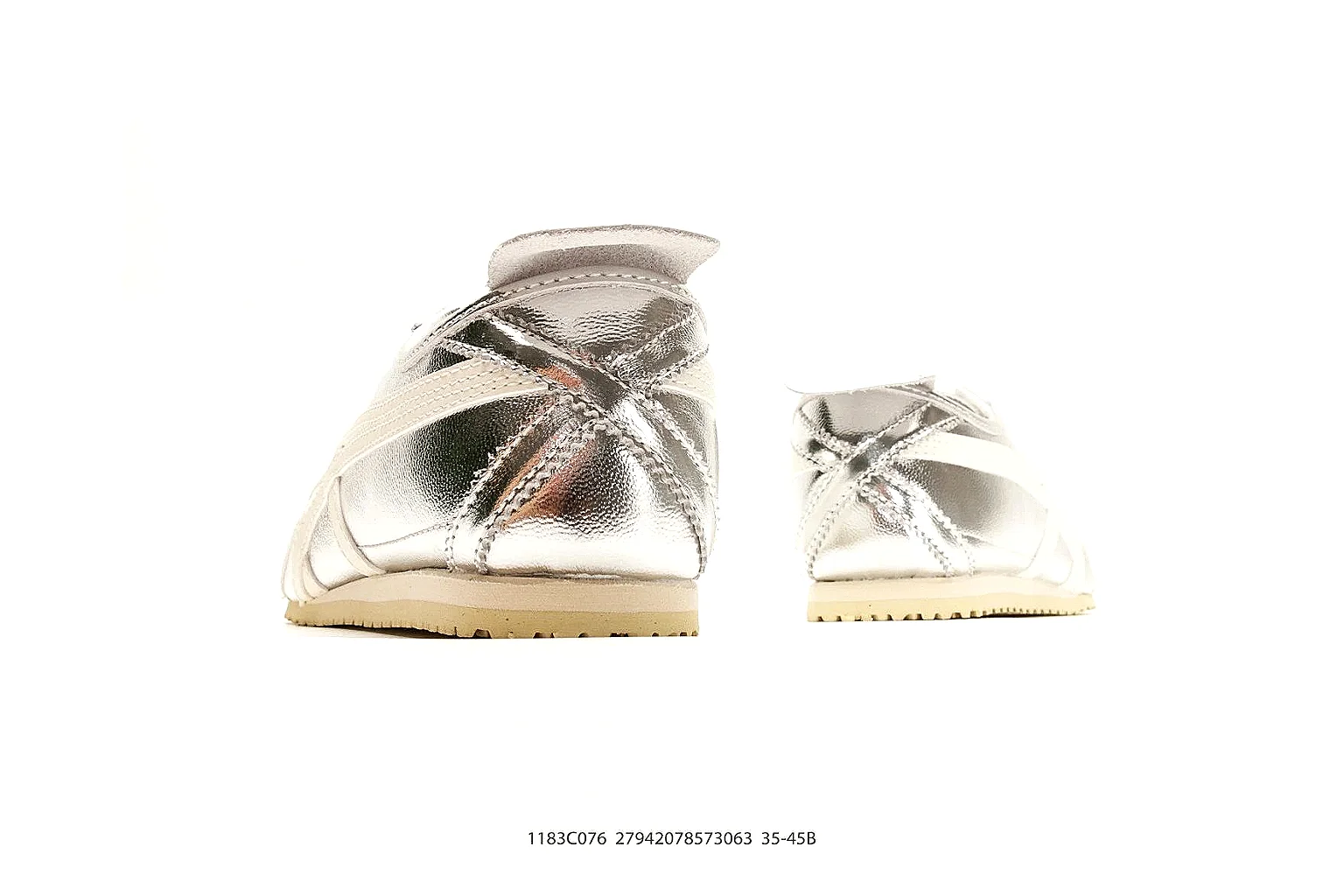 Onitsuka Tiger Mexico 66 Silver White Sneakers comparison signal photo with silver white low-top sneakers with metallic-leather texture, side-profile shape, upper panel lines, and outsole detail thumbnail 3